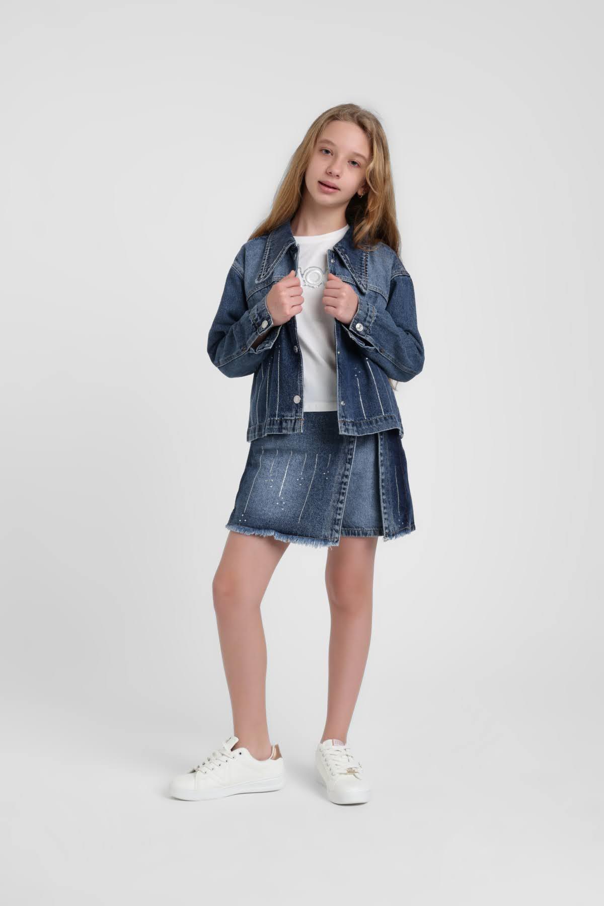 Escabel Kız Çocuk 4-14 Yaş Sivri Yaka Taşlı Denim Ceket Mavi