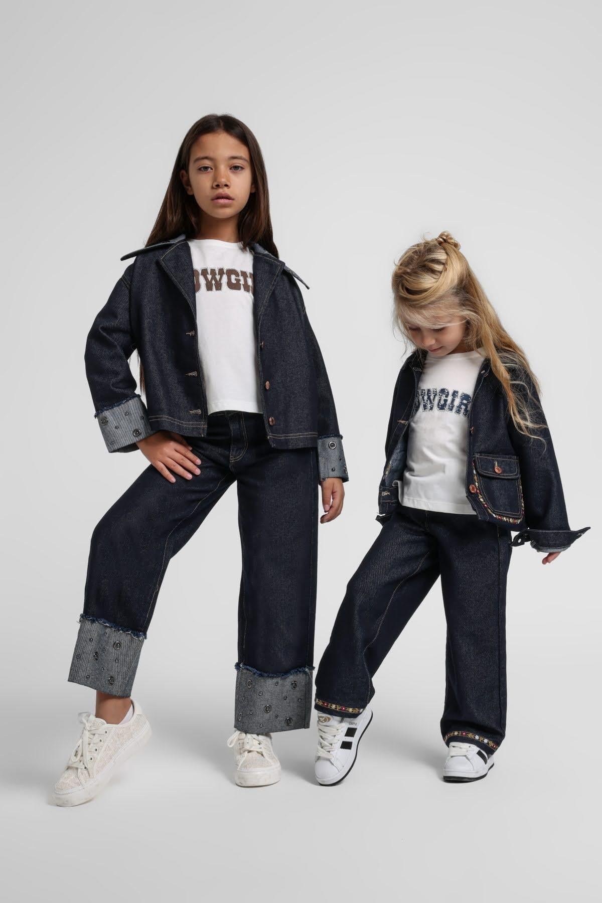 Escabel Kız Çocuk 4-14 Yaş Zımbalı Dik Yaka Denim Ceket Lacivert