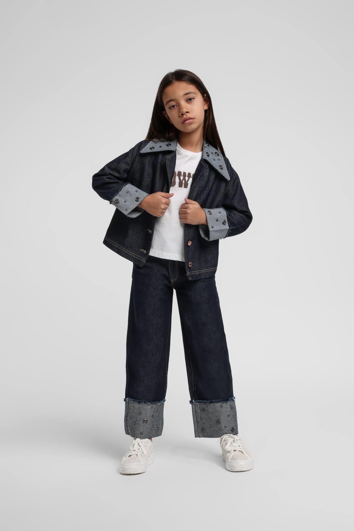 Escabel Kız Çocuk 4-14 Yaş Zımbalı Dik Yaka Denim Ceket Lacivert