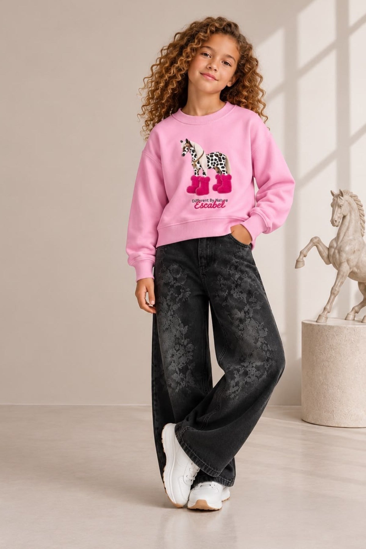 Escabel Kız Çocuk 5-14 Yaş Çiçek Desenli Palazzo Denim Pantolon Füme