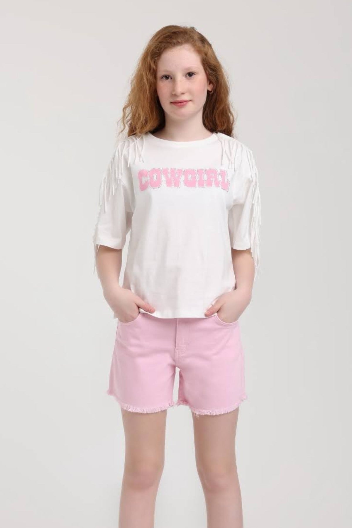 Escabel Kız Çocuk 5-14 Yaş Cow Girl Püsküllü  Kısakol T-Shirt Ekru-Pembe