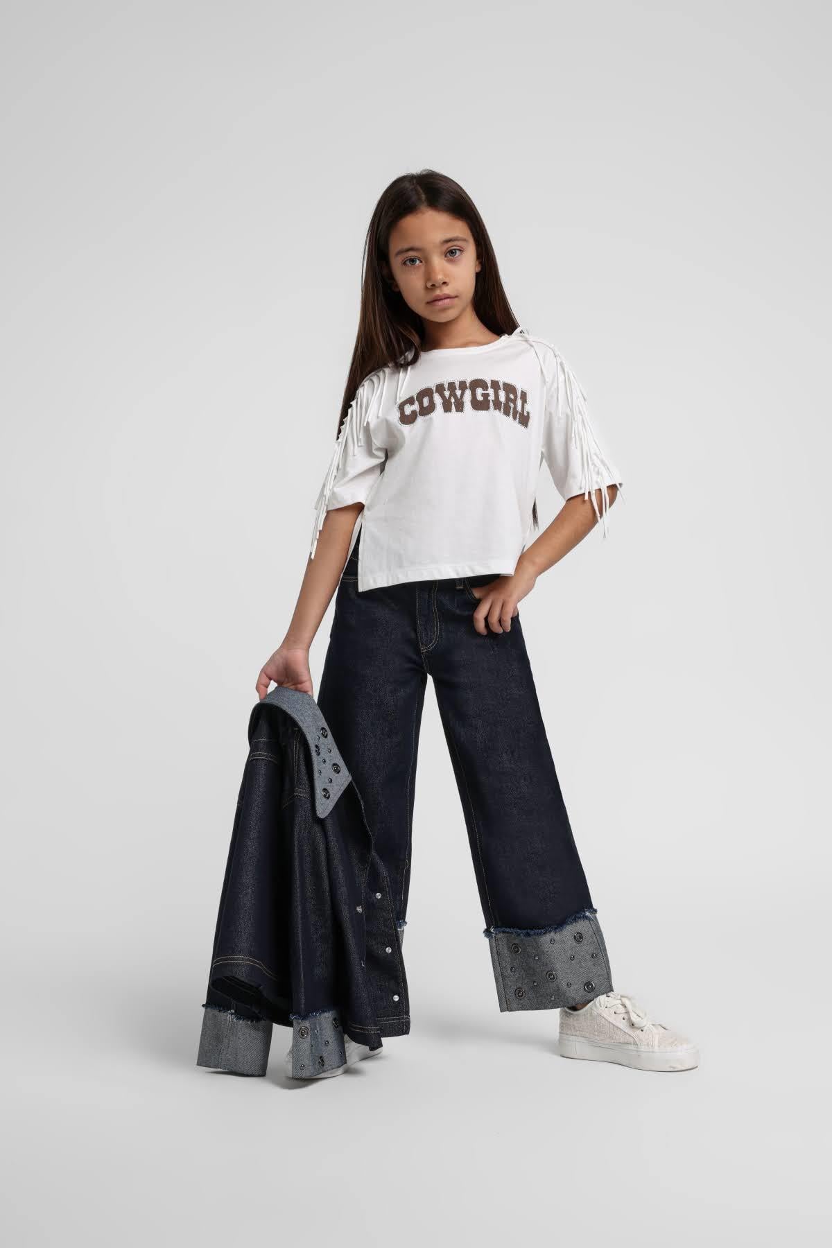 Escabel Kız Çocuk 5-14 Yaş Cow Girl Püsküllü  Kısakol T-Shirt Krem