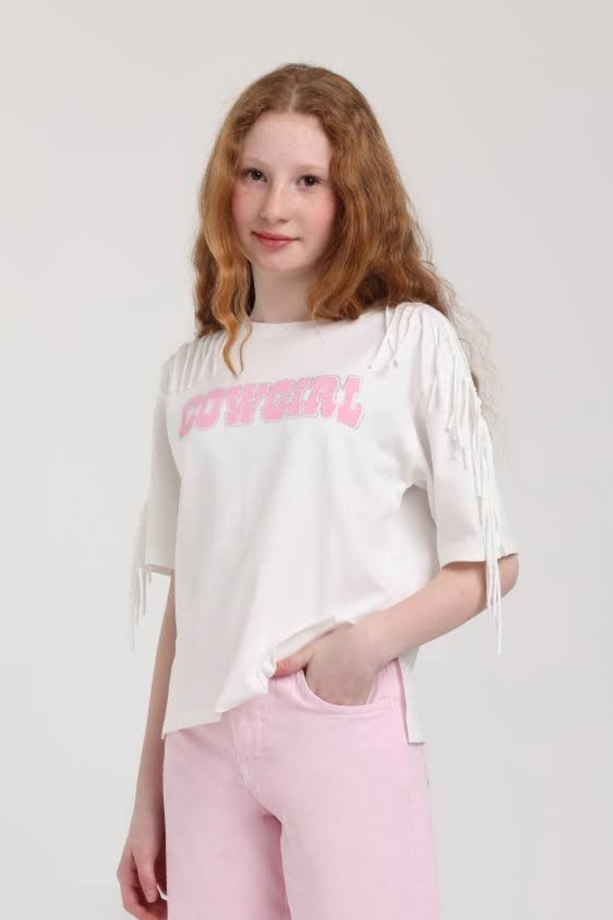 Escabel Kız Çocuk 5-14 Yaş Cow Girl Püsküllü  Kısakol T-Shirt Ekru-Pembe