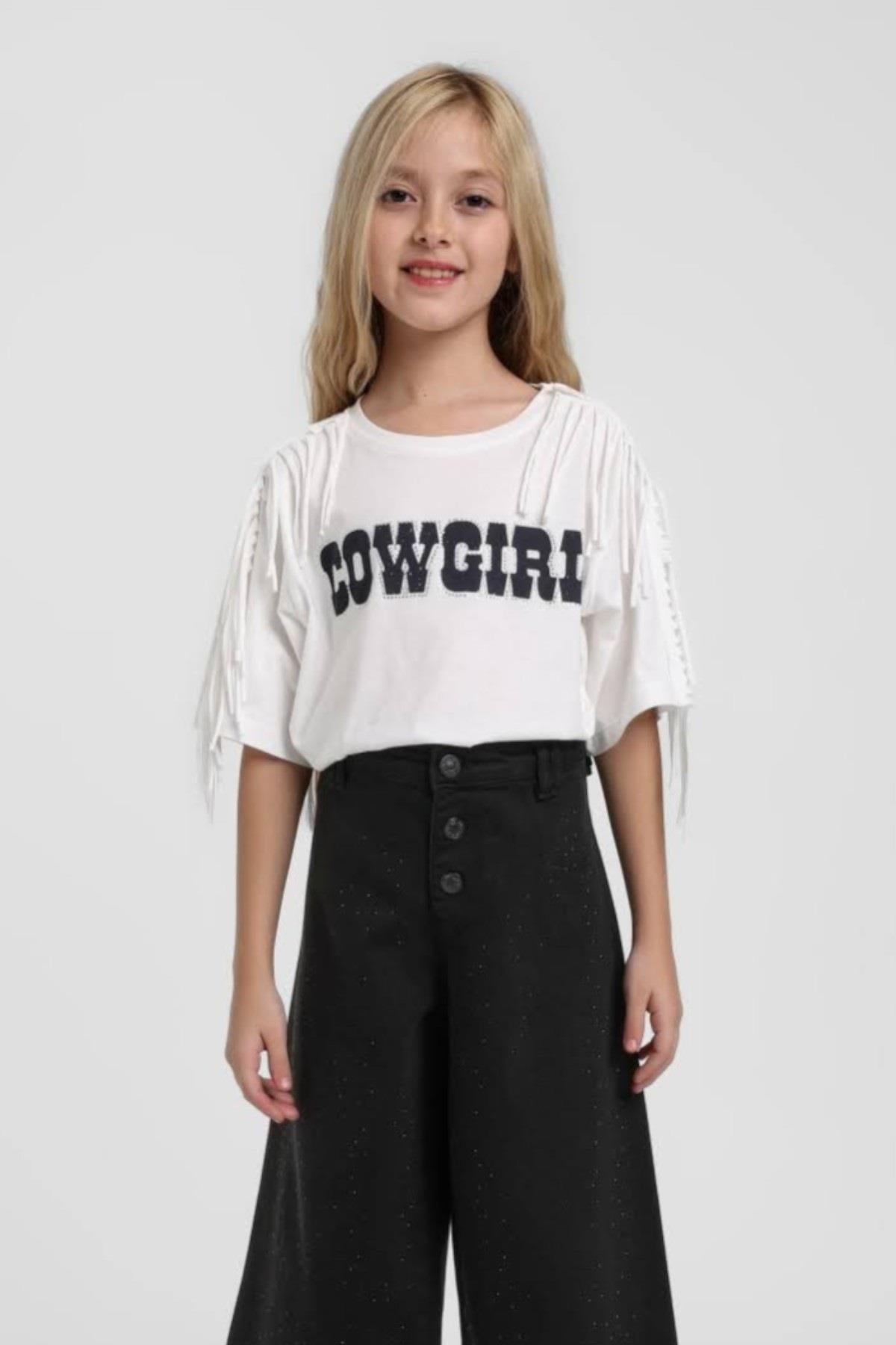 Escabel Kız Çocuk 5-14 Yaş Cow Girl Püsküllü  Kısakol T-Shirt Siyah