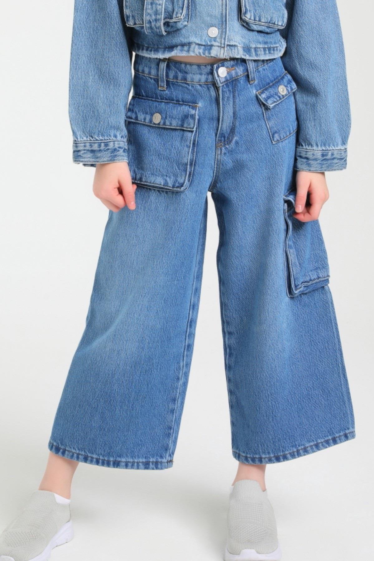 Escabel Kız Çocuk 5-9 Yaş Cepli Bol Paça Denim Pantolon 2452 Kot Mavi