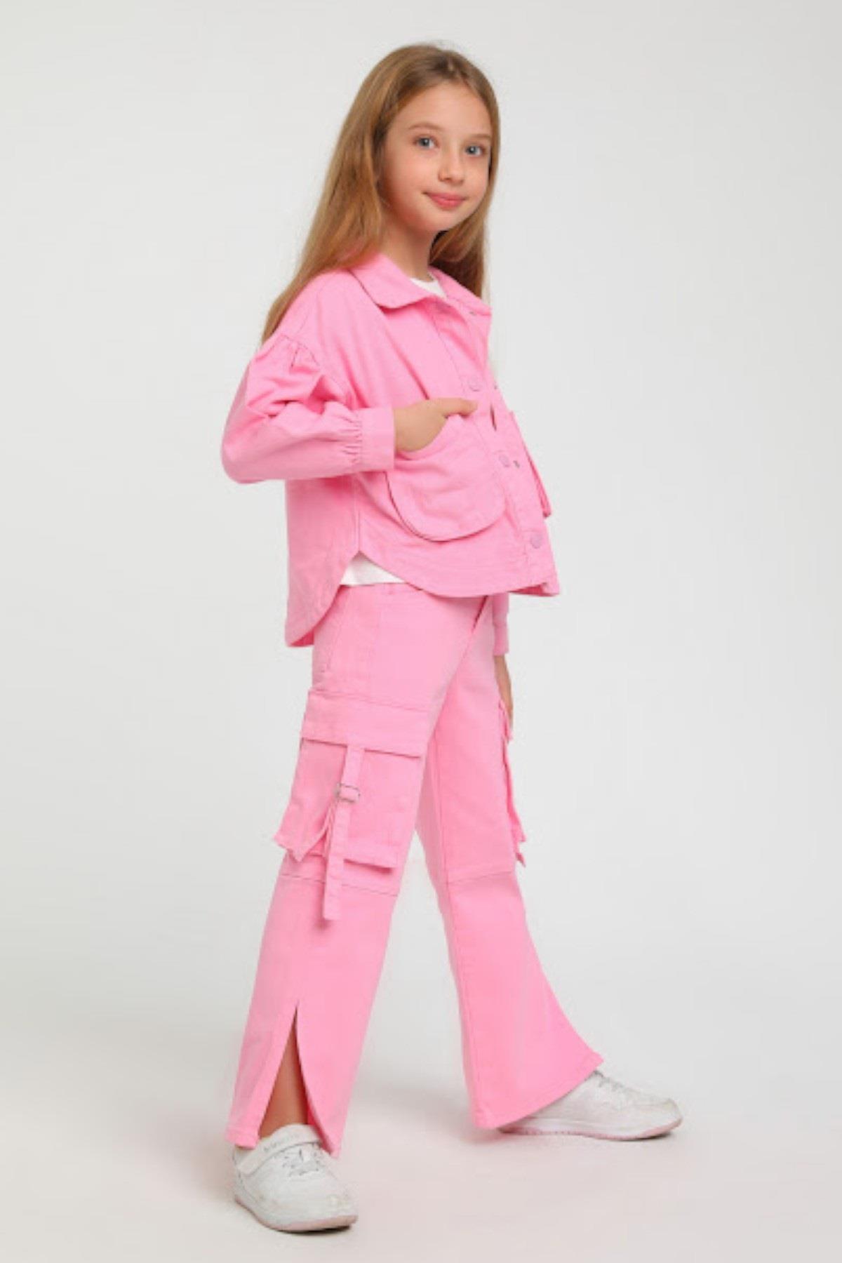 Escabel Kız Çocuk 5-9 Yaş Kargo Cep Yırtmaçlı Denim 2428 Pembe