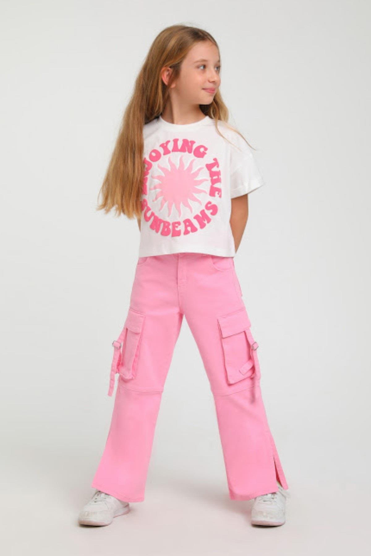 Escabel Kız Çocuk 5-9 Yaş Kargo Cep Yırtmaçlı Denim 2428 Pembe