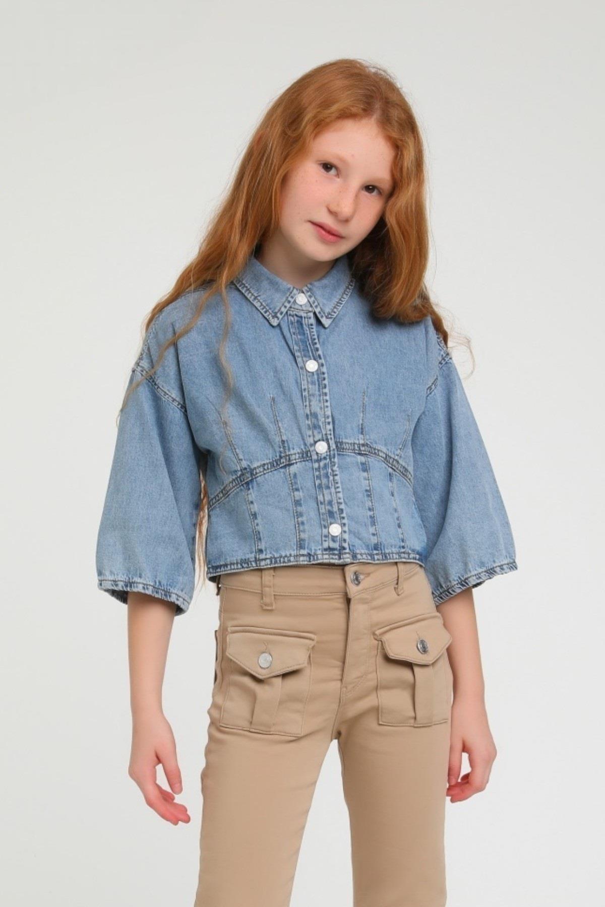 Escabel Kız Çocuk Denim Crop Gömlek 24210 Kot Mavi