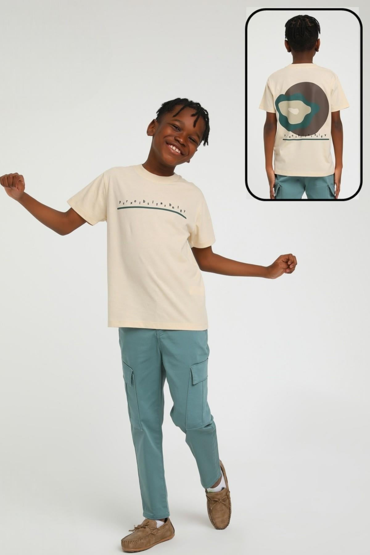 Jack Lions Erkek Çocuk Sırt Baskılı %100 Pamuk T-shirt 1717 Bej