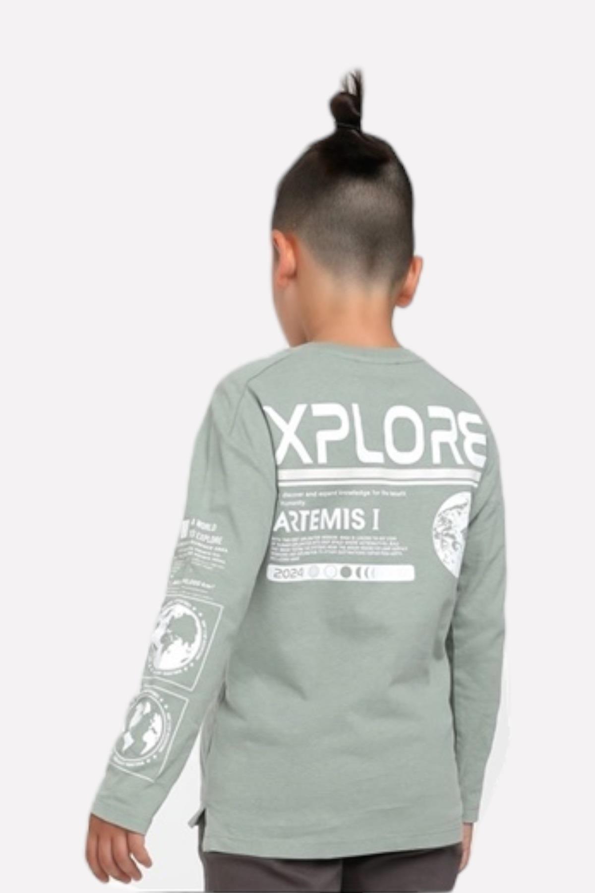 Jacklions Erkek Çocuk Önü-Arkası Baskılı Uzun Kollu T-shirt 15067 Çağla Yeşili