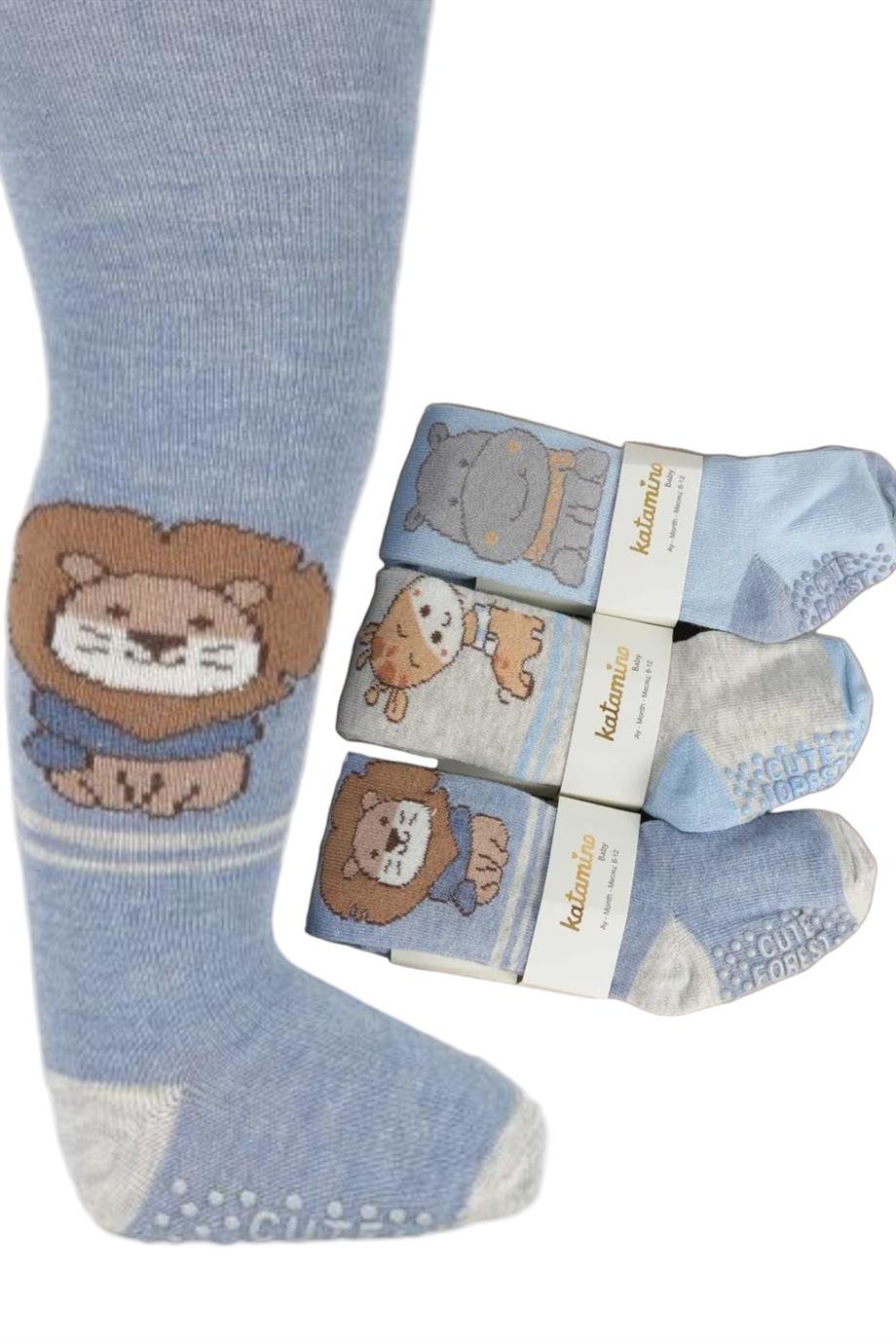 Katamino Erkek Bebek Kaydırmaz Taban Külotlu Çorap K38030 Gri