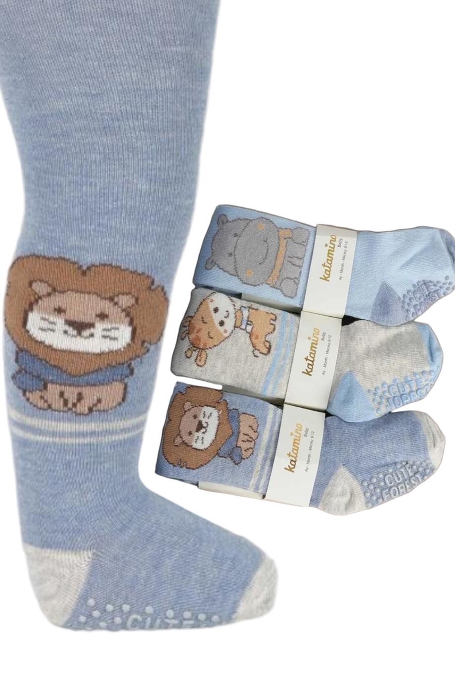 Katamino Erkek Bebek Kaydırmaz Taban Külotlu Çorap K38030 Mavi