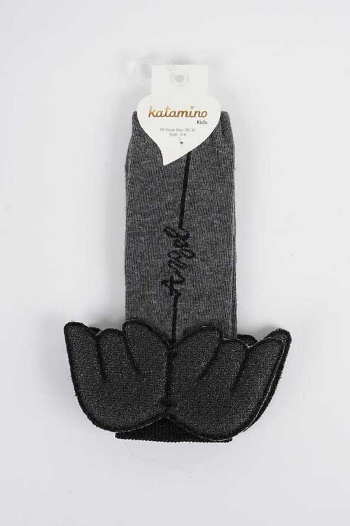 Katamino Kız Bebek Melek Kanatlı Diz Altı Çorap K12033 Füme