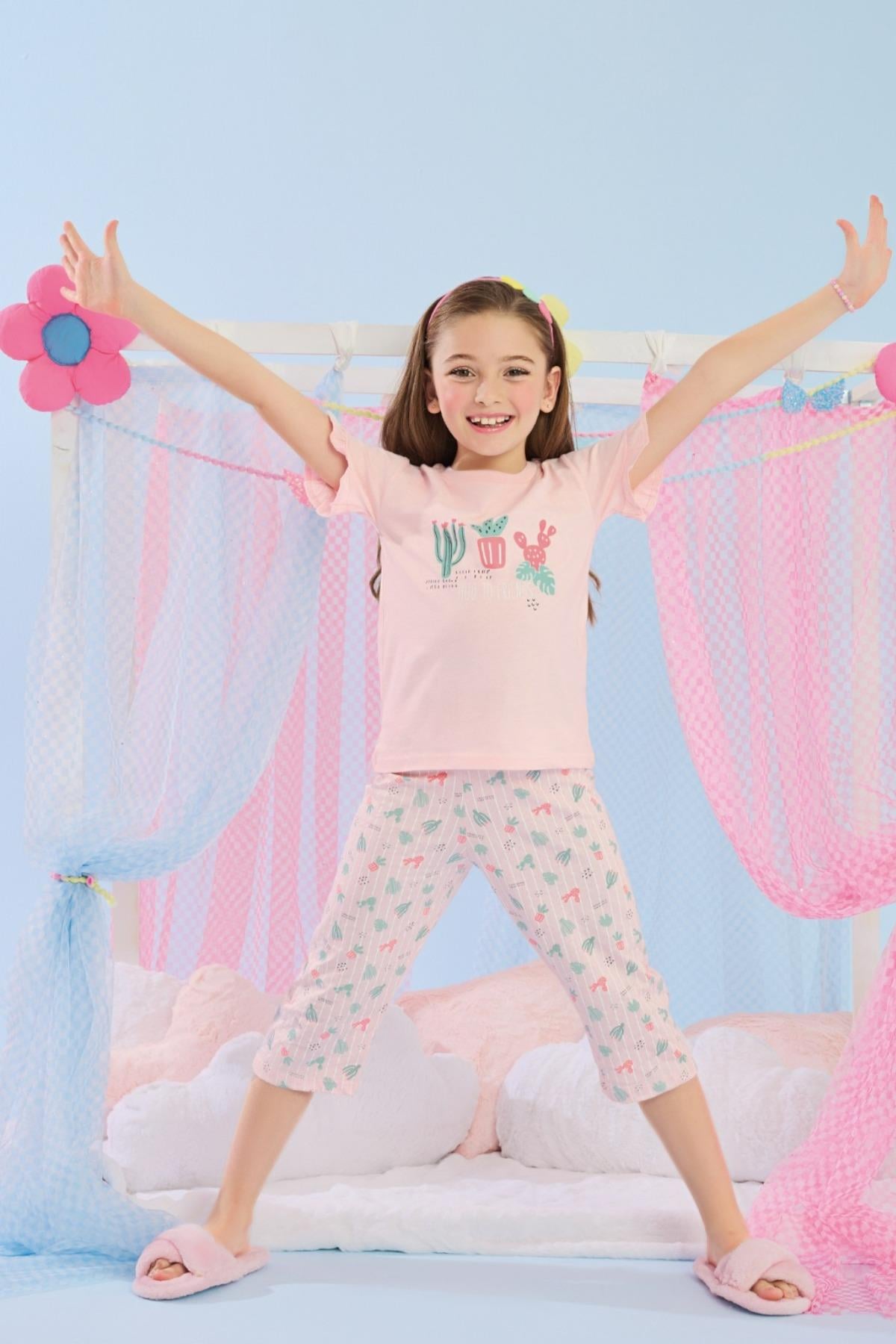 Katamino Kız Çocuk Kaktüslü Kaprili Kısa Kol Pijama Takımı K12942 Pembe