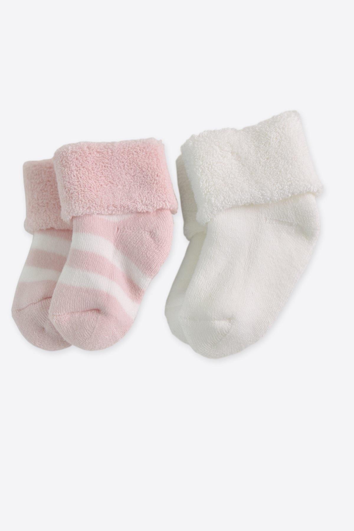 Kitikate Bebek Organik 2'li Çizgili Havlu Çorap 60898 Ekru-Pembe