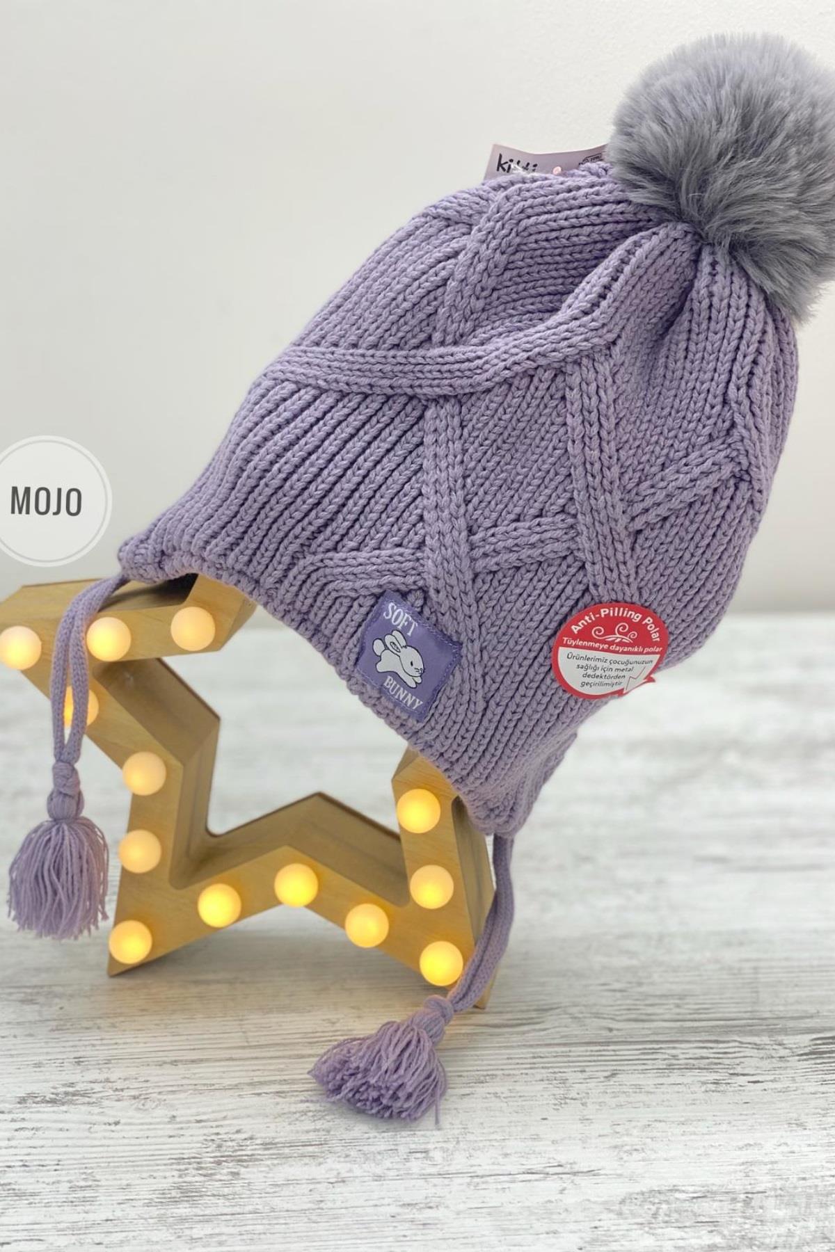 Kitti Kız Çocuk 4-8 Yaş Anti-Pilling Polar Astarlı Kulaklıklı Bere Lila