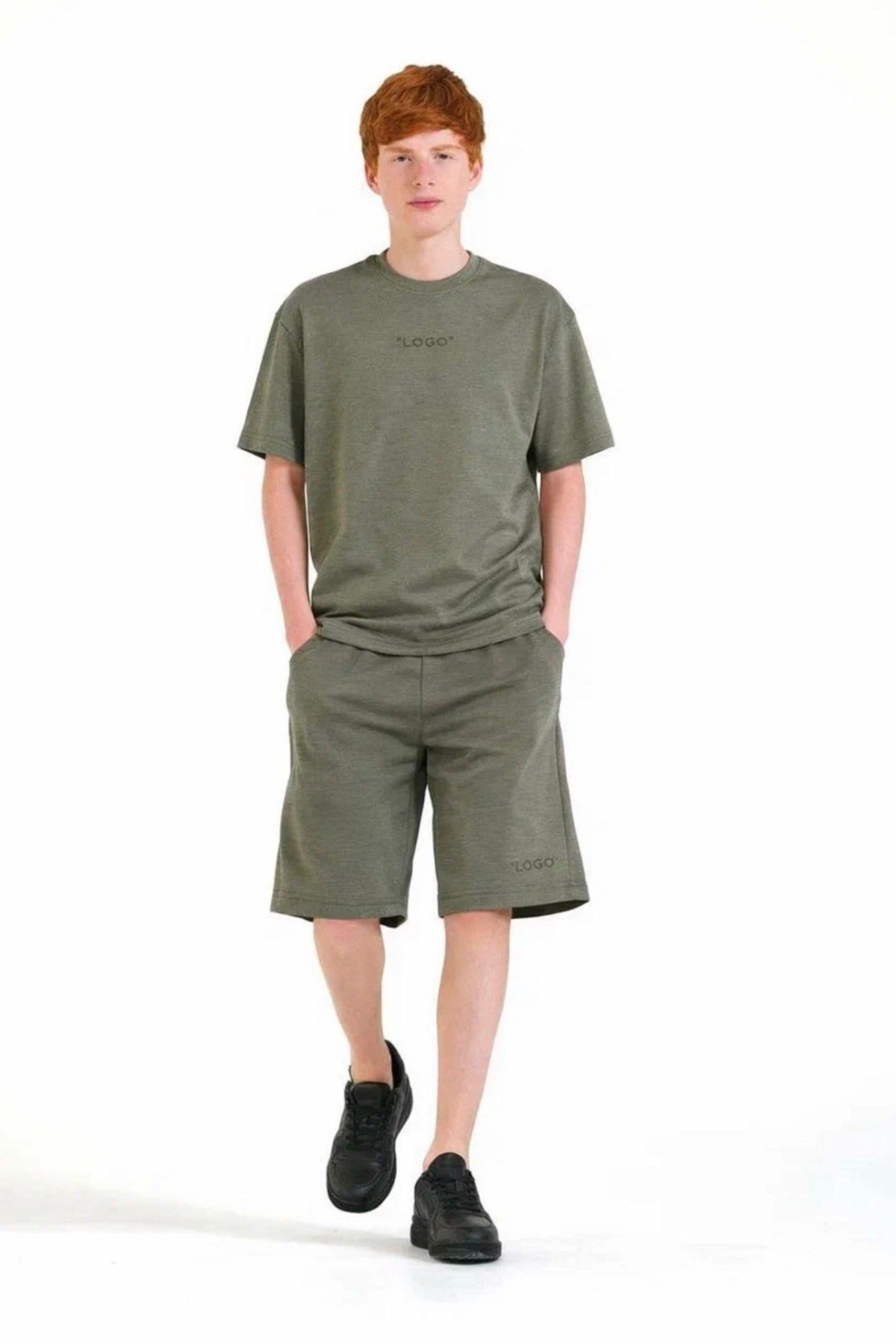 Loco Loco Erkek Çocuk 9-15 Yaş Oysho Kumaş Oversize Şortlu Takım Haki
