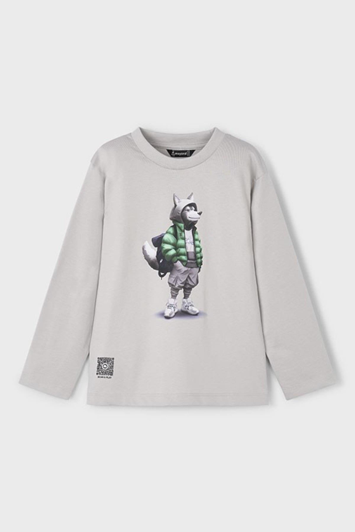 Mayoral Erkek Çocuk 4-9 Yaş Baskılı Uzun Kol  T-shirt Gri