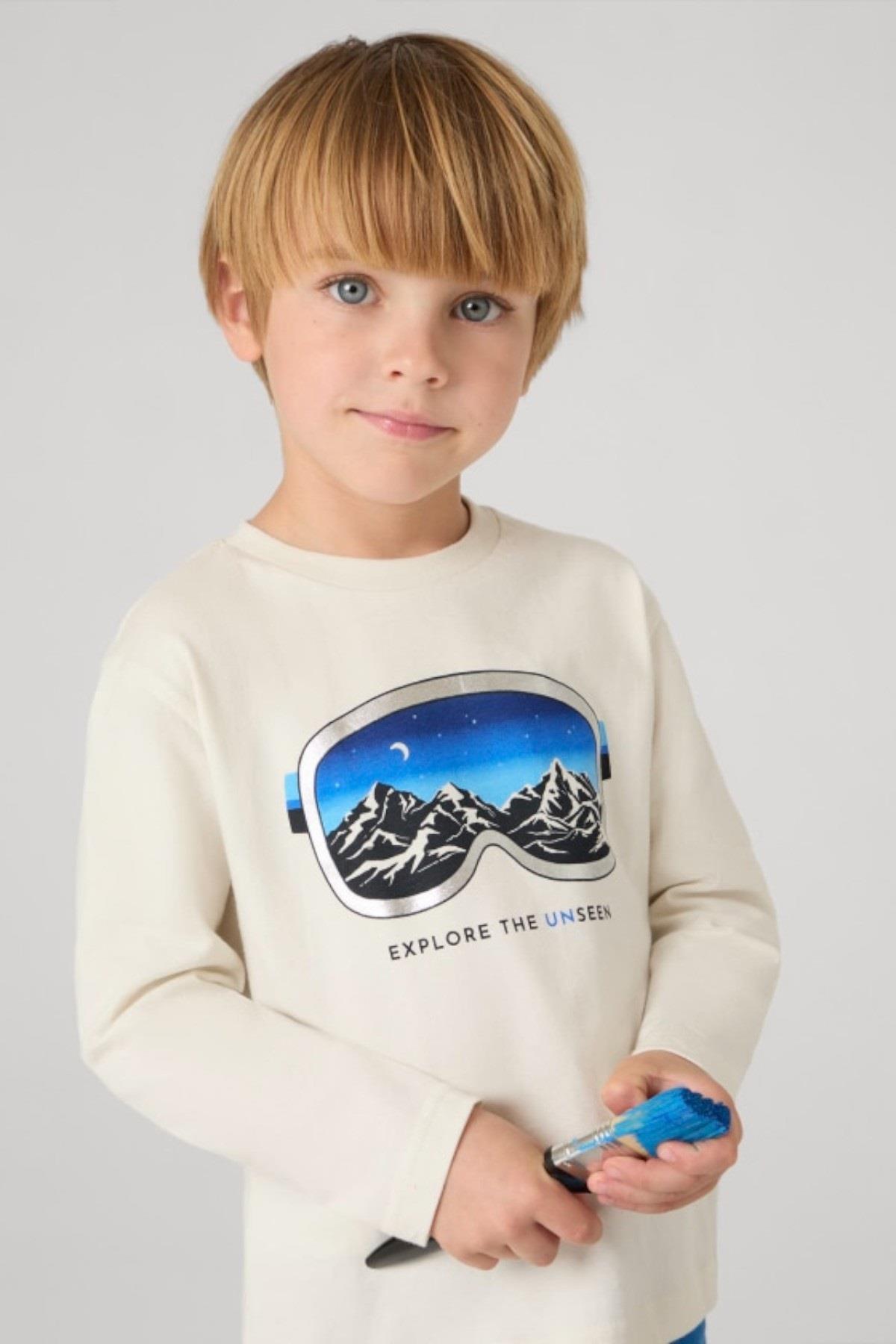 Mayoral Erkek Çocuk 4-9 Yaş Baskılı Uzunkol T-shirt 4056 Beyaz