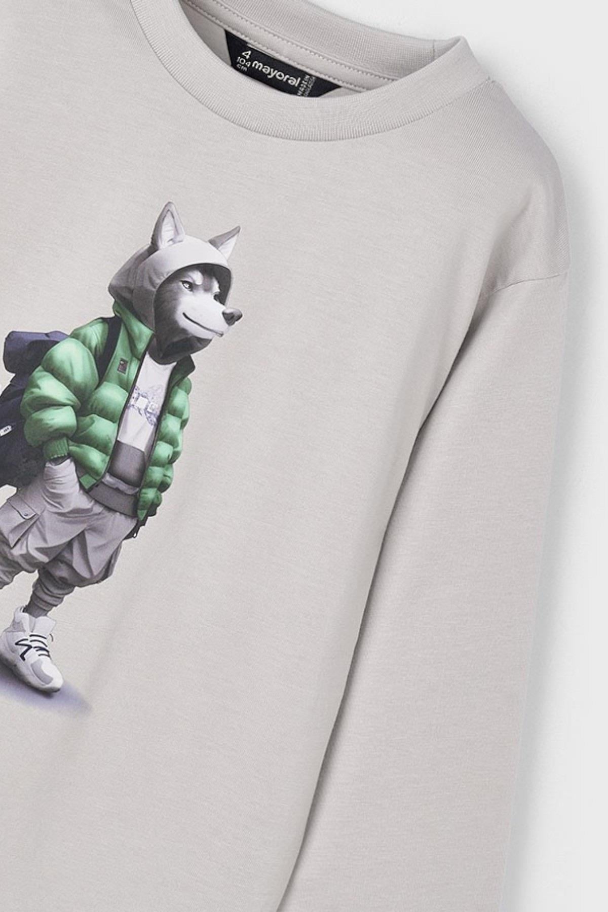 Mayoral Erkek Çocuk 4-9 Yaş Baskılı Uzun Kol  T-shirt Gri
