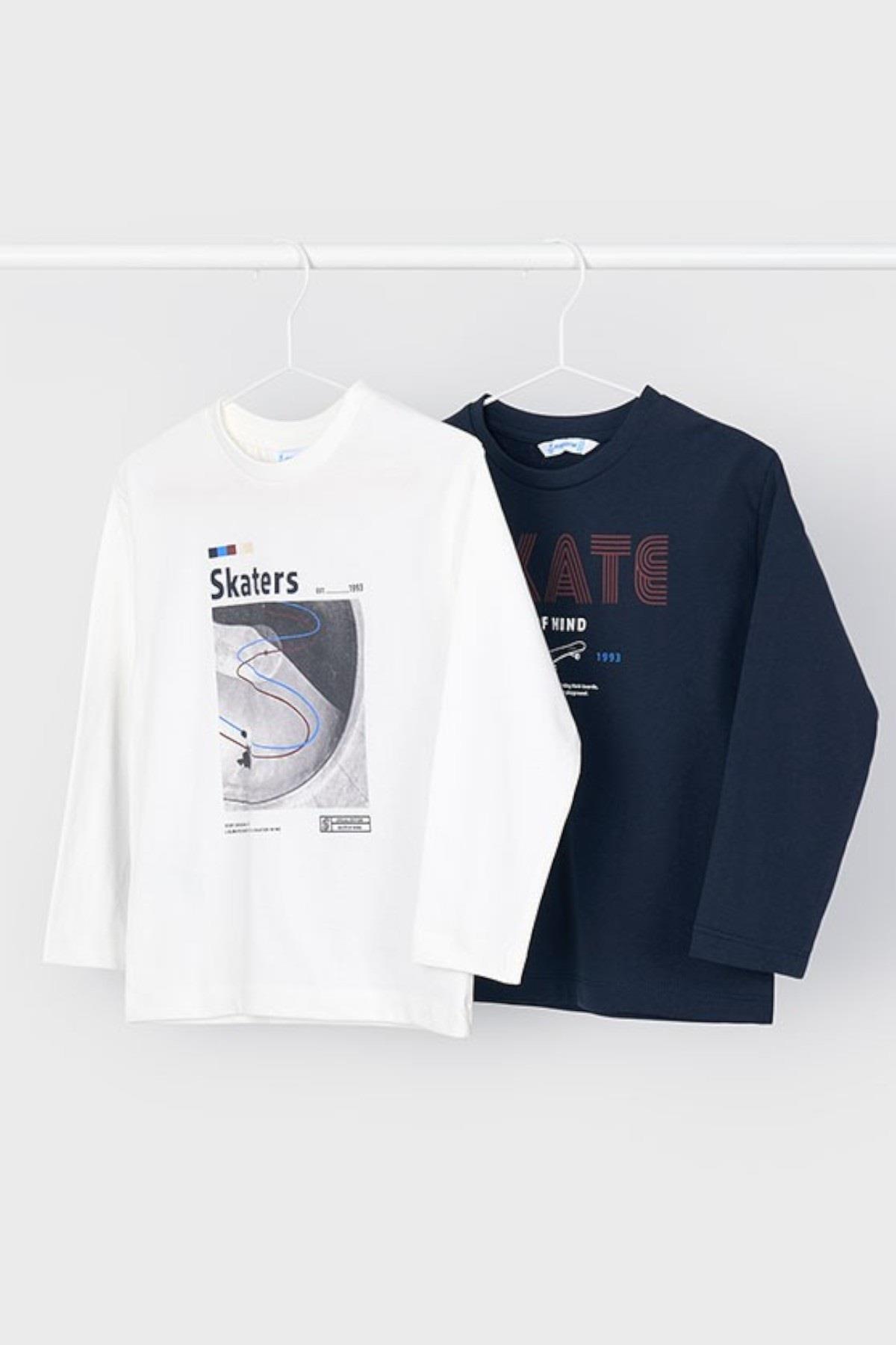 Mayoral Erkek Çocuk 4-9 Yaş Desenli İkili Uzun Kol T-shirt Lacivert-Beyaz