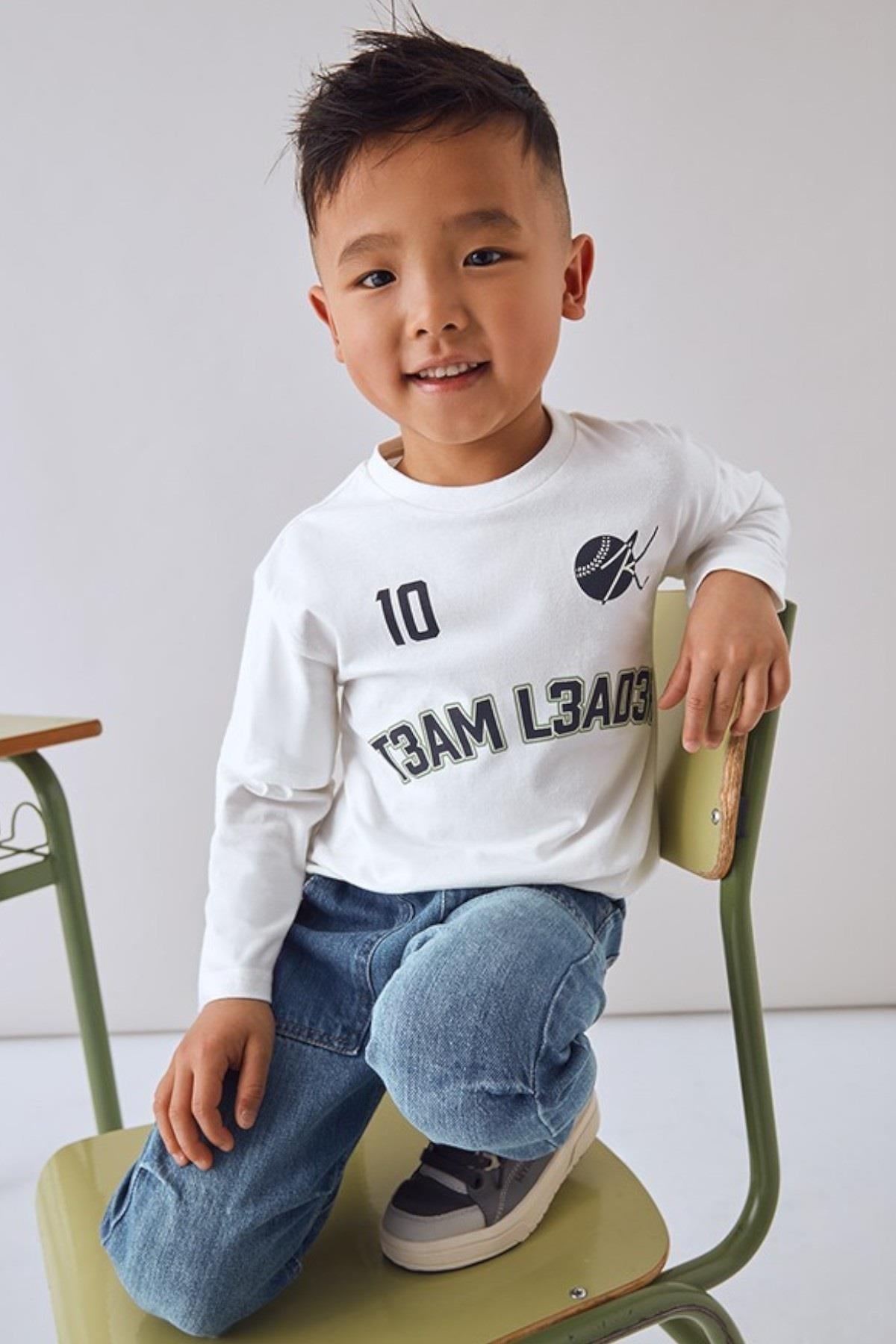 Mayoral Erkek Çocuk 4-9 Yaş  Desenli Uzun Kol T-shirt Ekru