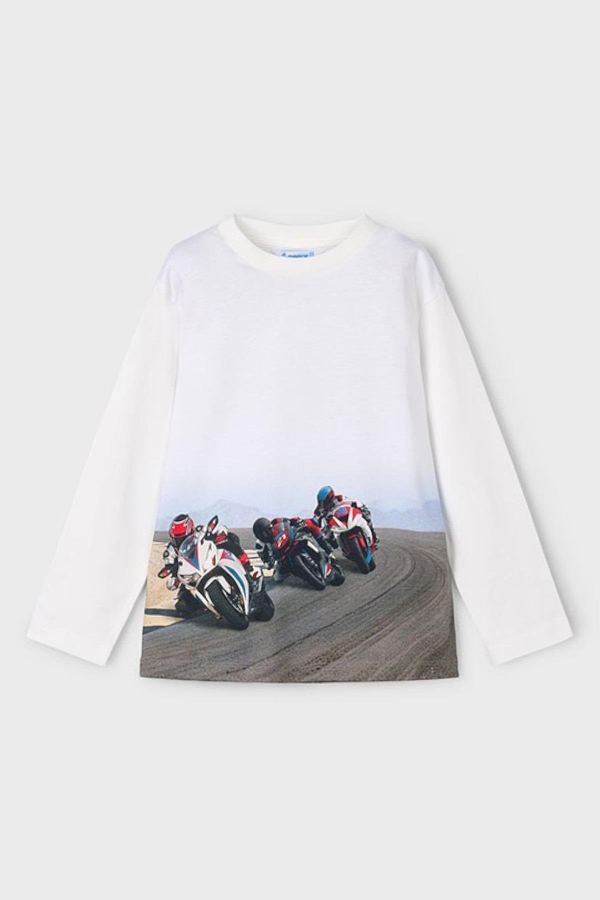 Mayoral Erkek Çocuk 4-9 Yaş Motosiklet Desenli Uzun Kol T-shirt Ekru