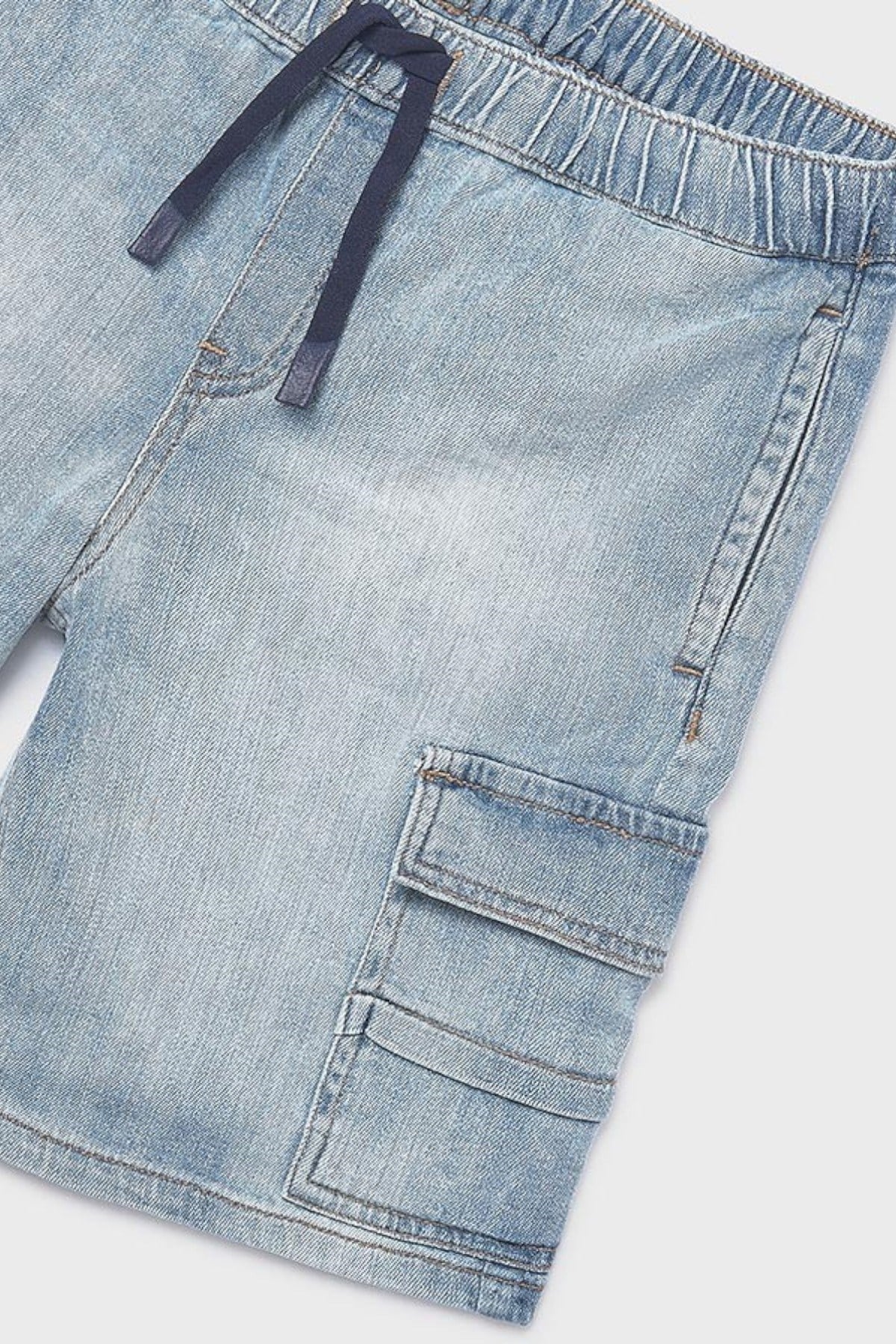 Mayoral Erkek Çocuk 8-16 Yaş Bel Lastikli Kargo Cep Denim Şort Kot Mavi