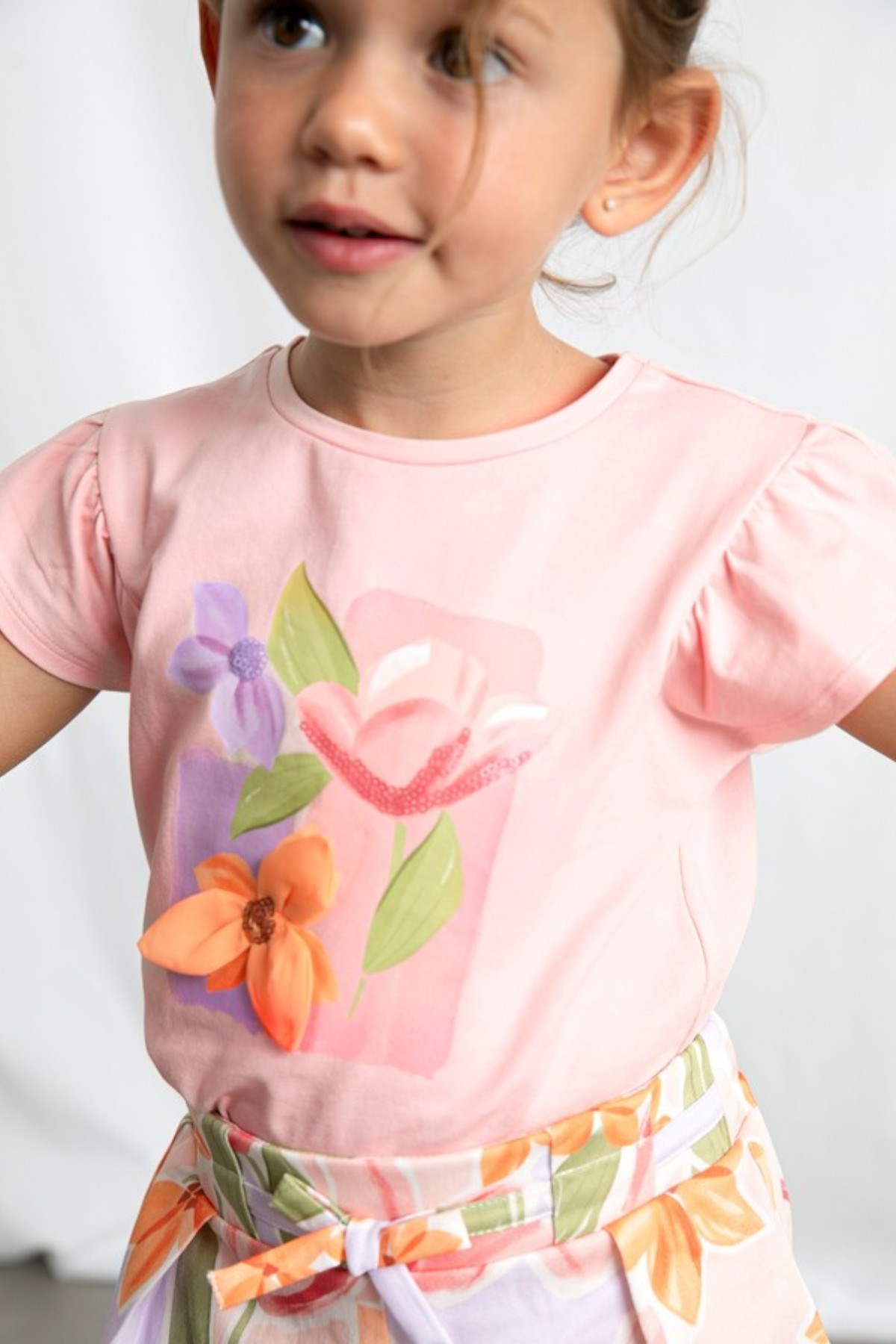 Mayoral Kız Çocuk 3-9 Yaş Kabartma Desenli Kısa Kol T-Shirt Pudra