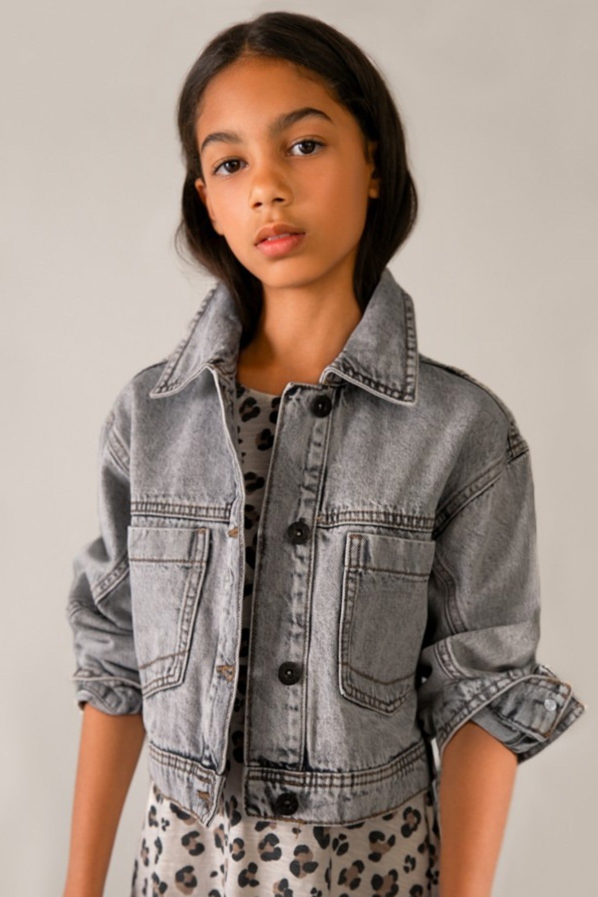 Mayoral Kız Çocuk 8-18 Yaş Cep Detaylı Denim Ceket Gri
