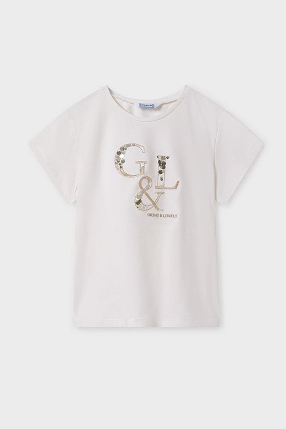 Mayoral Kız Çocuk 8-18 Yaş Pul İşlemeli Kısakol T-shirt 854 Ekru
