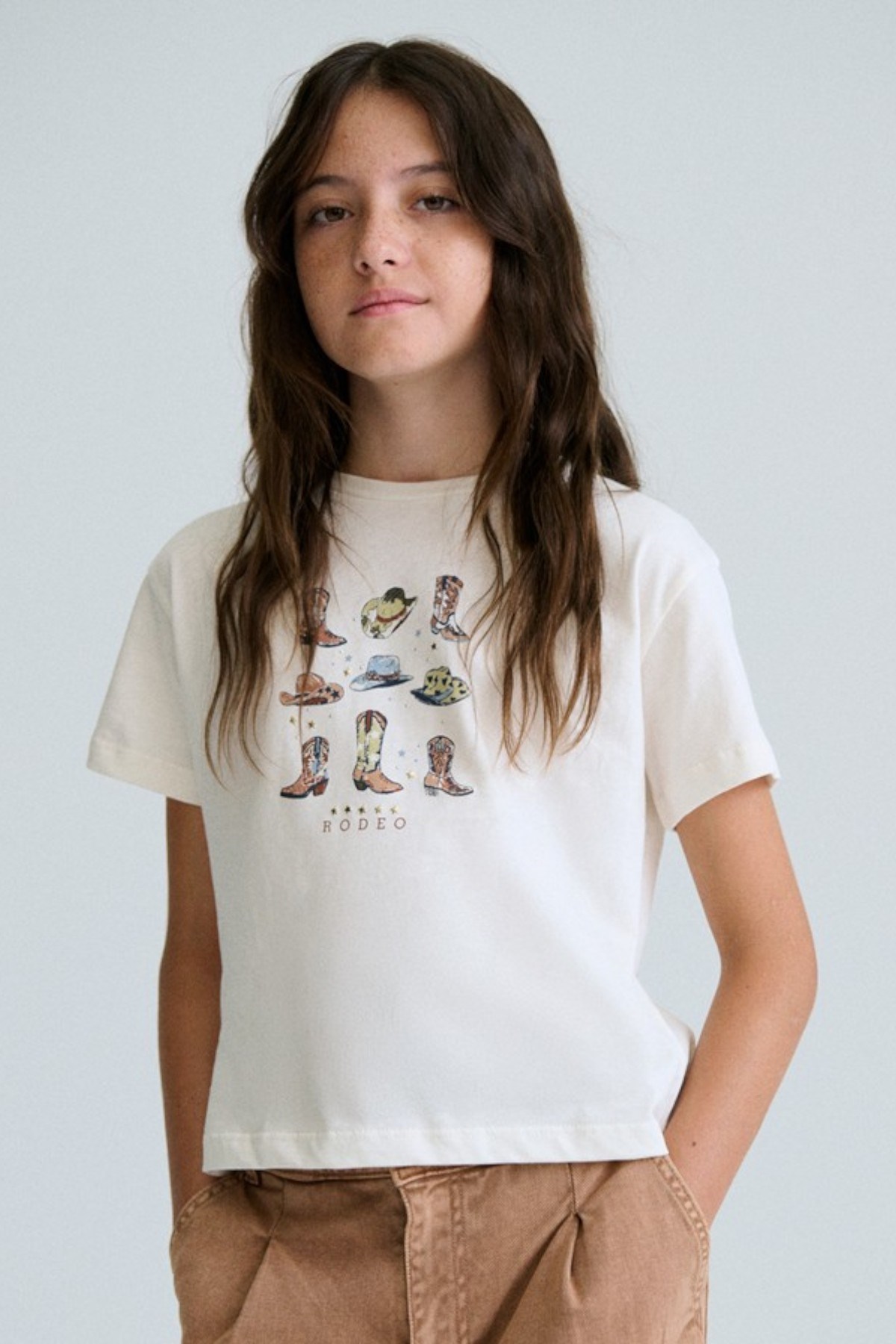 Mayoral Kız Çocuk 8-18 Yaş Rodeo Desenli Kısa Kol T-Shirt Krem
