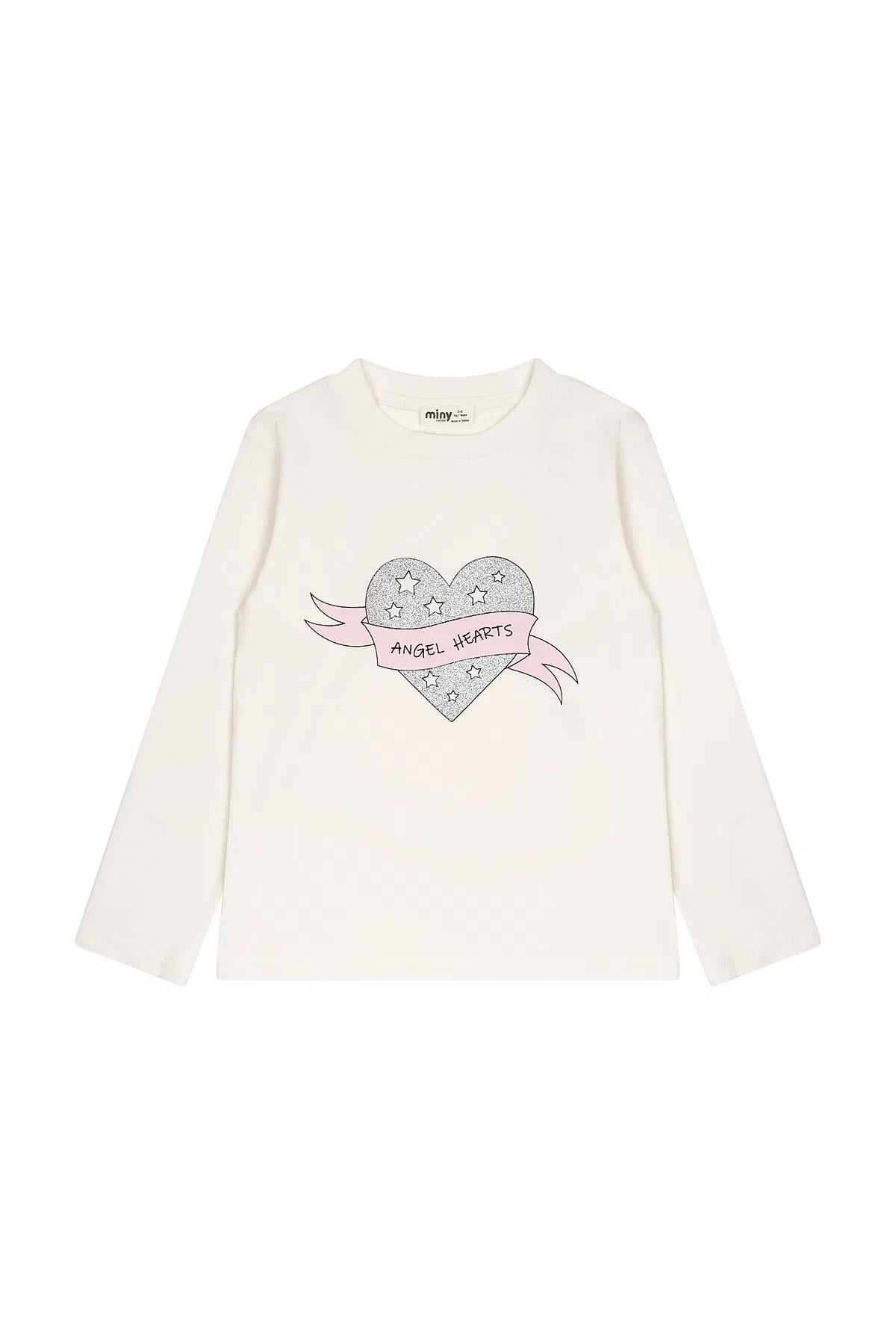 Minycenter Kız Çocuk 2-6 Yaş Kalp Baskılı Uzunkol T-Shirt Ekru