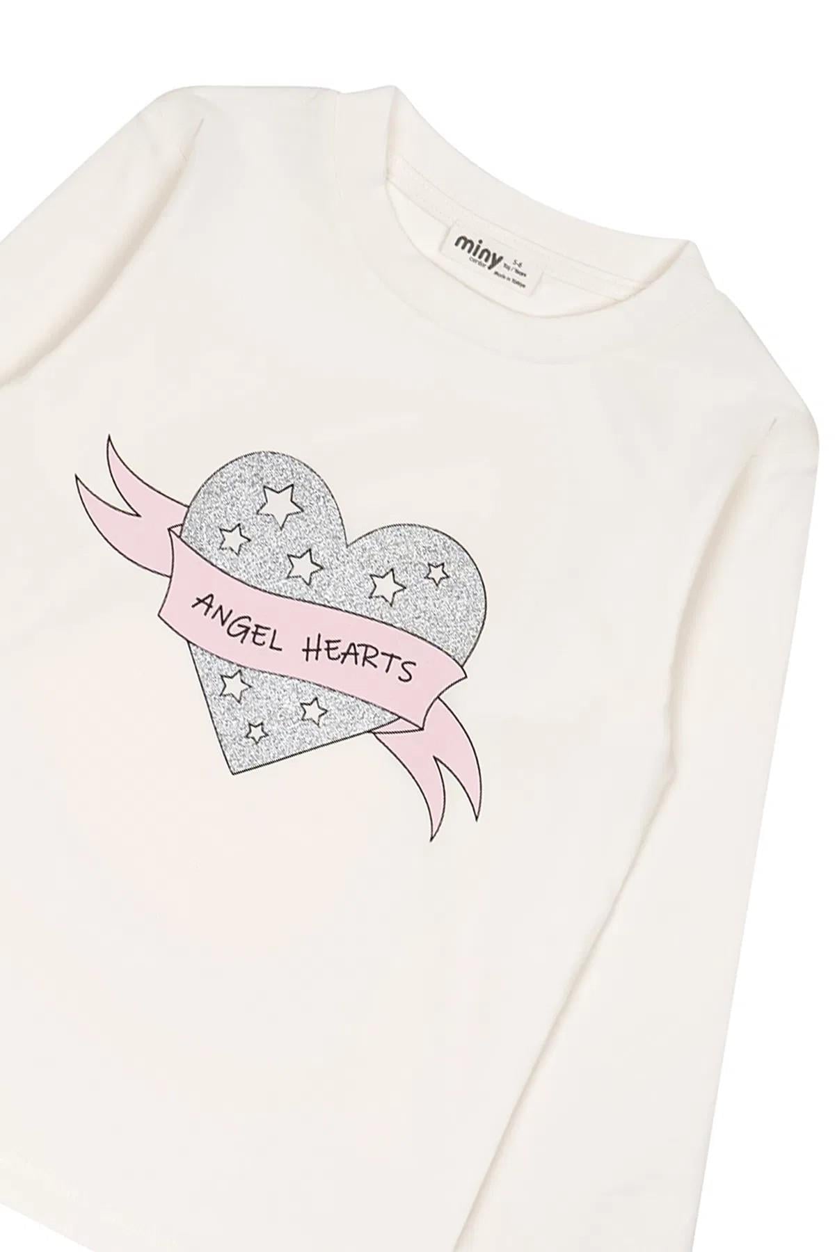 Minycenter Kız Çocuk 2-6 Yaş Kalp Baskılı Uzunkol T-Shirt Ekru
