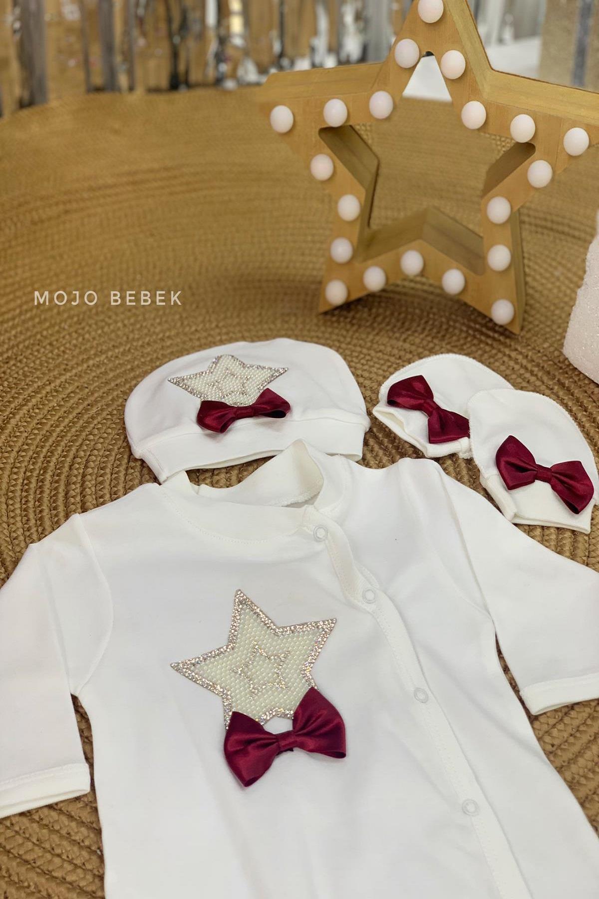 Mojo Bebek Erkek Bebek Taşlı İşlemeli Tulum Set 1218 Beyaz