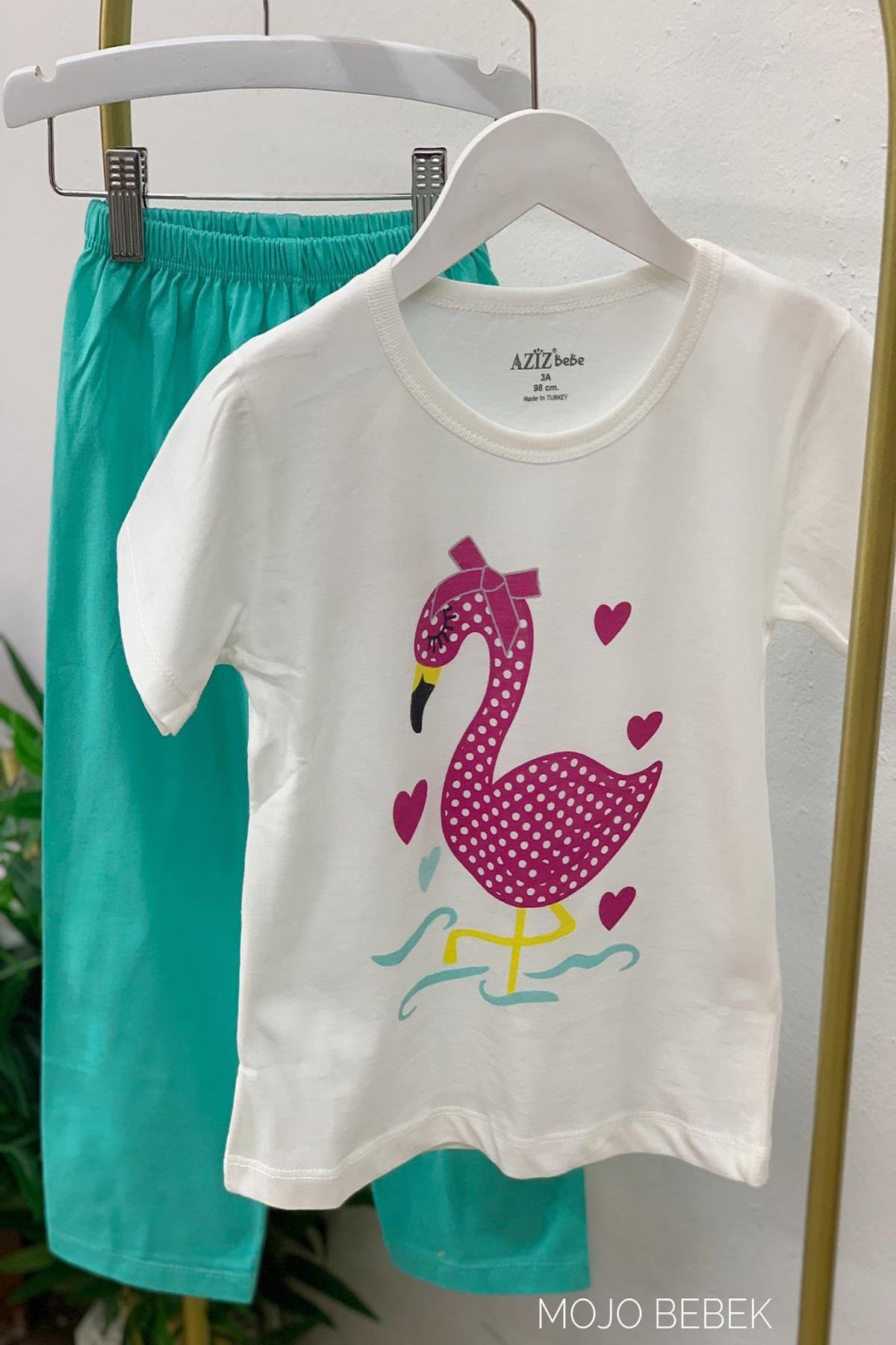 Mojo Bebek Kız Çocuk Flamingo Desen Kısa Kol Pijama Takımı 9420 Beyaz