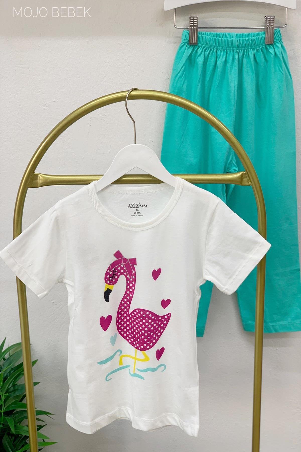 Mojo Bebek Kız Çocuk Flamingo Desen Kısa Kol Pijama Takımı 9420 Beyaz