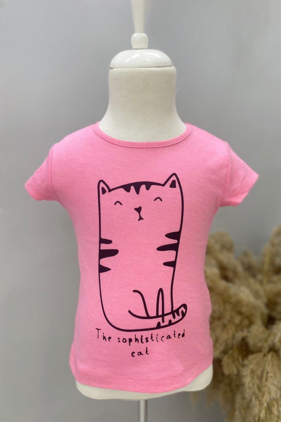 Mojo Bebek Kız Çocuk Kedi Baskılı Kısa Kollu T-shirt 219341 Pembe