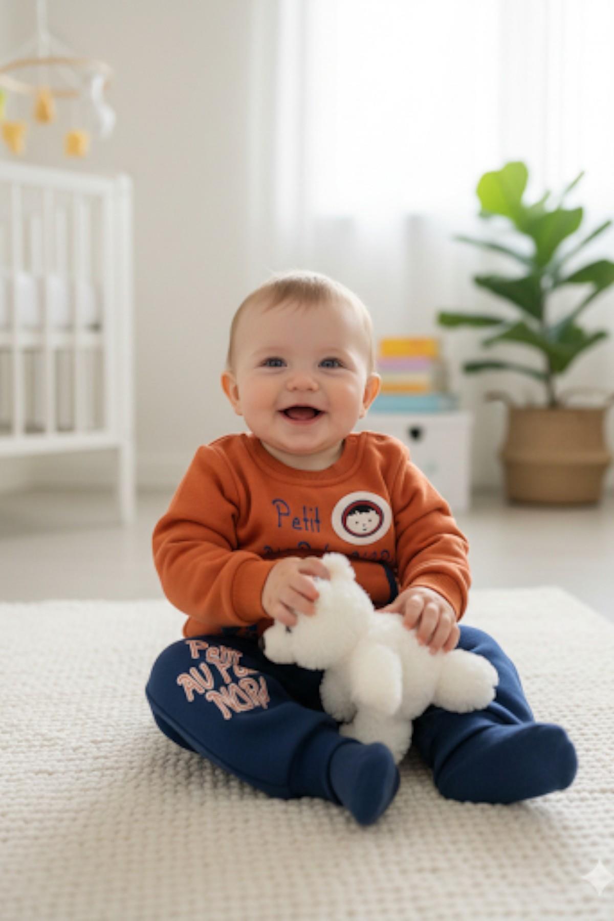 Mojo Erkek Bebek 9-24 Ay Baskılı Üç İplik Eşofman Takımı Kiremit