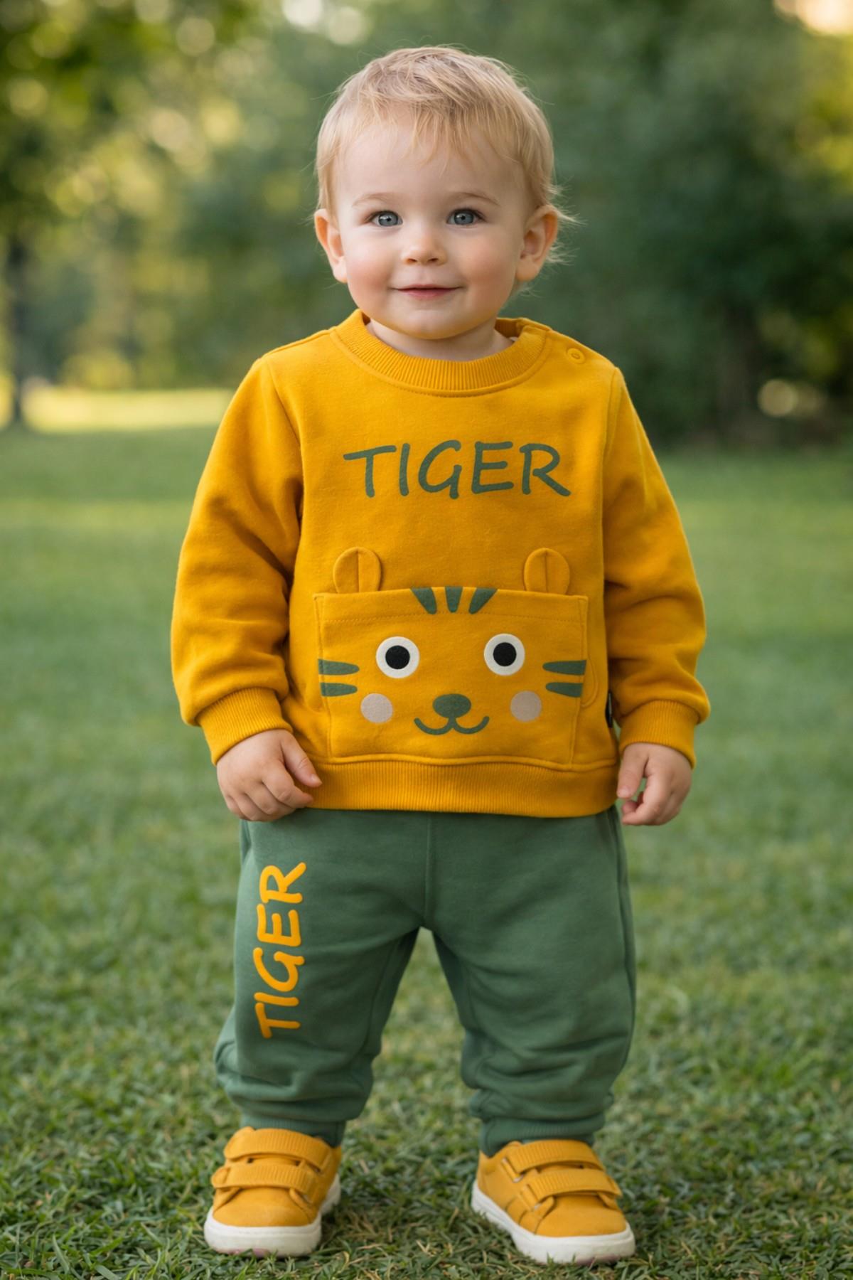 Mojo Erkek Bebek 9-24 Ay Tiger Baskılı İkili Eşofman Takımı Hardal