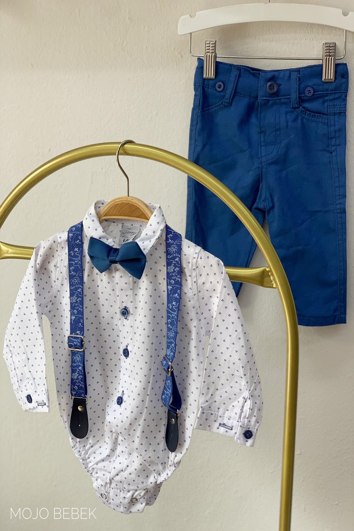 Mojo Erkek Bebek Çıtçıtlı Gömlek Pantolon Takım 7109 Mavi