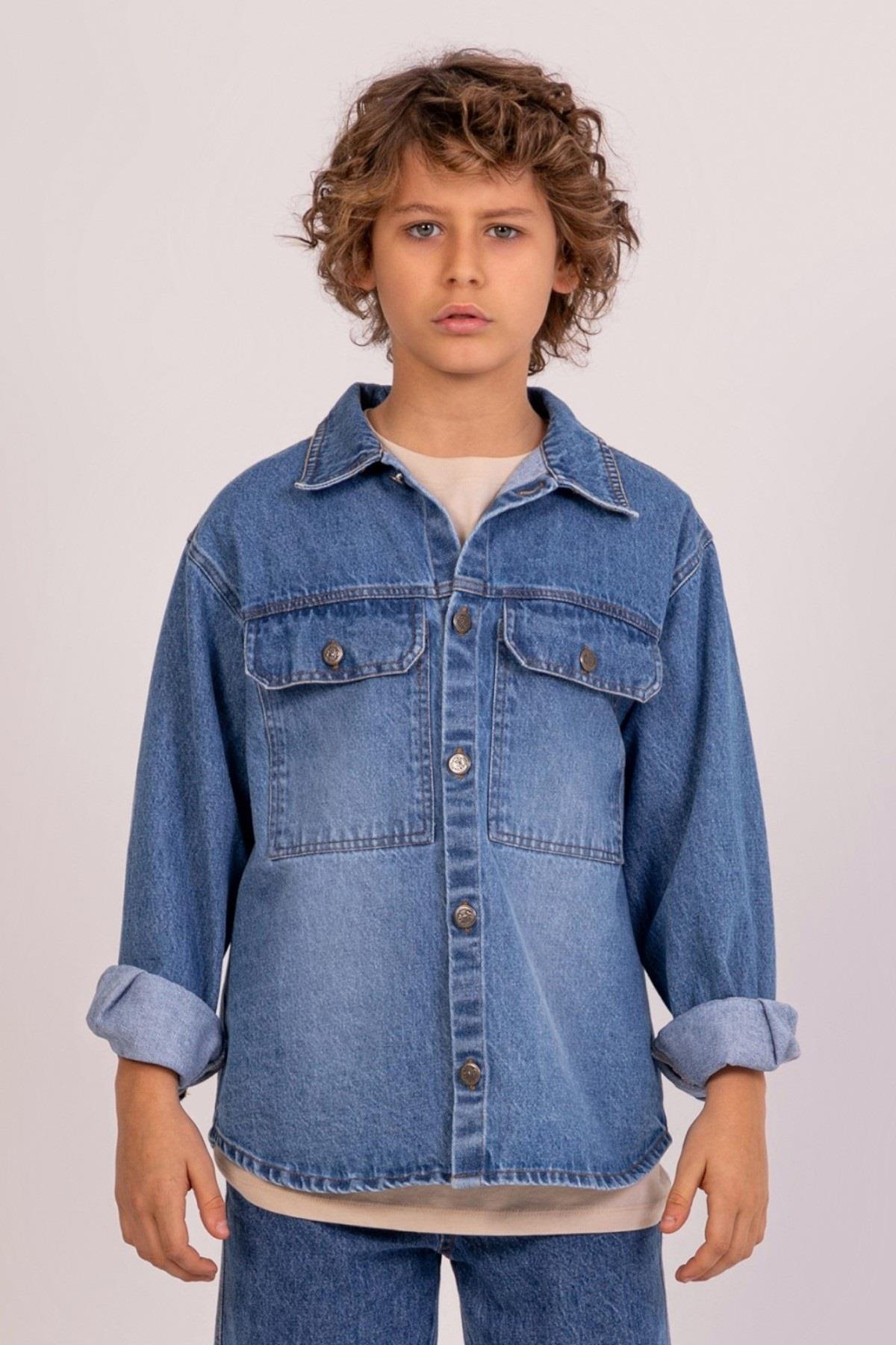 Mojo Erkek Çocuk 9-14 Yaş Cepli Denim Gömlek Ceket 7671 Kot Mavi