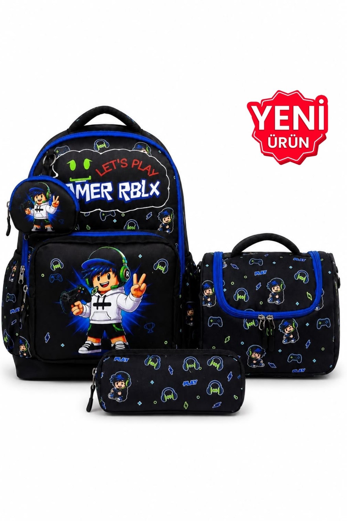 Mojo Erkek Çocuk İlkokul Boy Baskılı Su Geçirmez Okul Çanta- 4lü Set Siyah