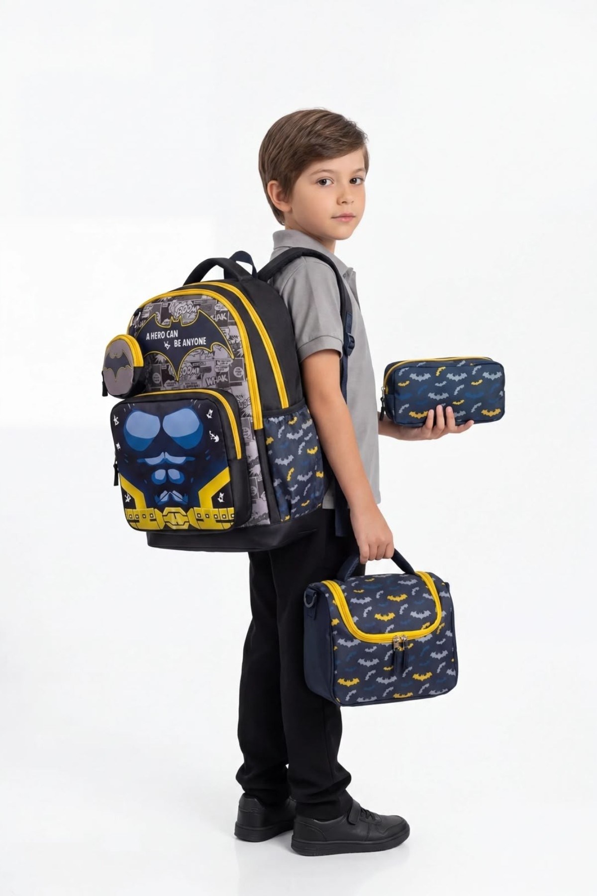 Mojo Erkek Çocuk İlkokul Boy Baskılı Su Geçirmez Okul Çanta- 4lü Set Siyah