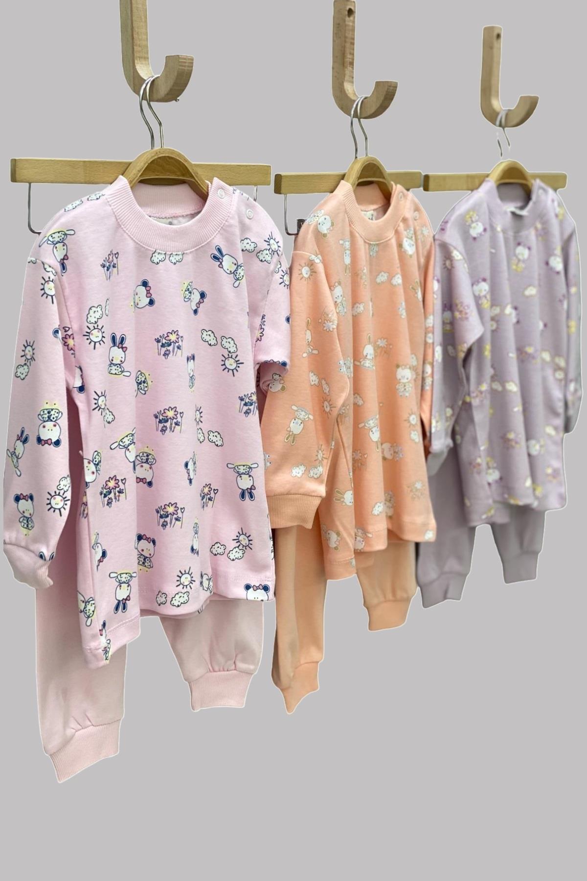 Mojo Kız Bebek 1-3 Yaş Ayı ve Tavşan Desenli Pijama Takımı 2418 Somon