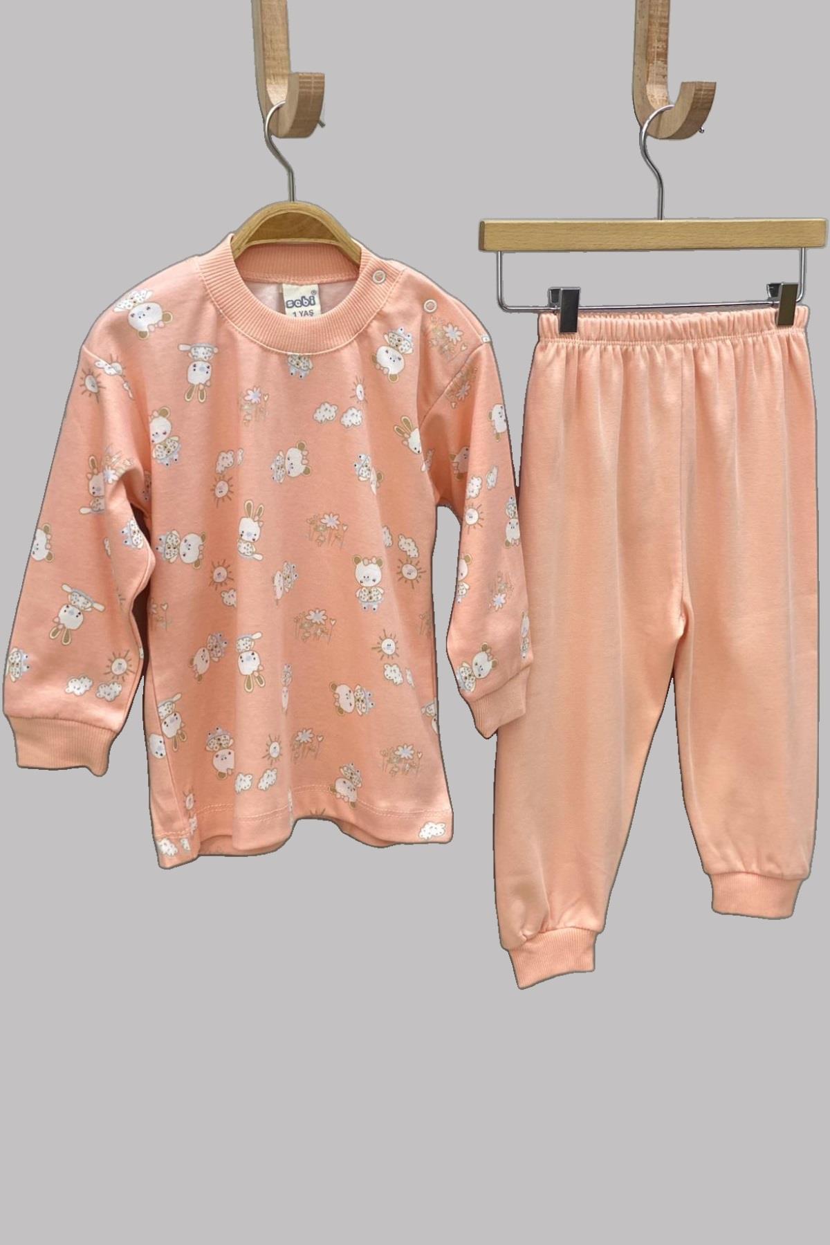 Mojo Kız Bebek 1-3 Yaş Ayı ve Tavşan Desenli Pijama Takımı 2418 Somon