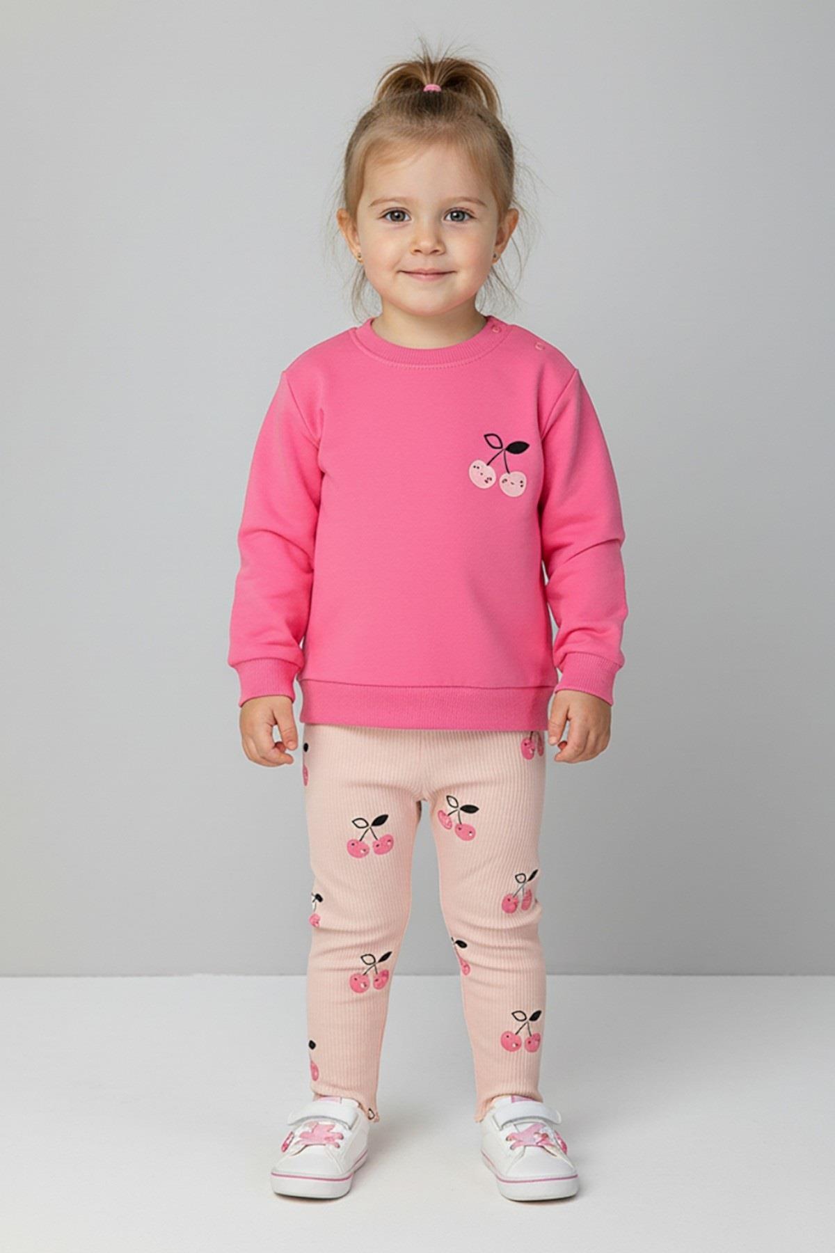 Mojo Kız Bebek 1-4 Yaş Kiraz Desenli Taytlı Takım Pembe