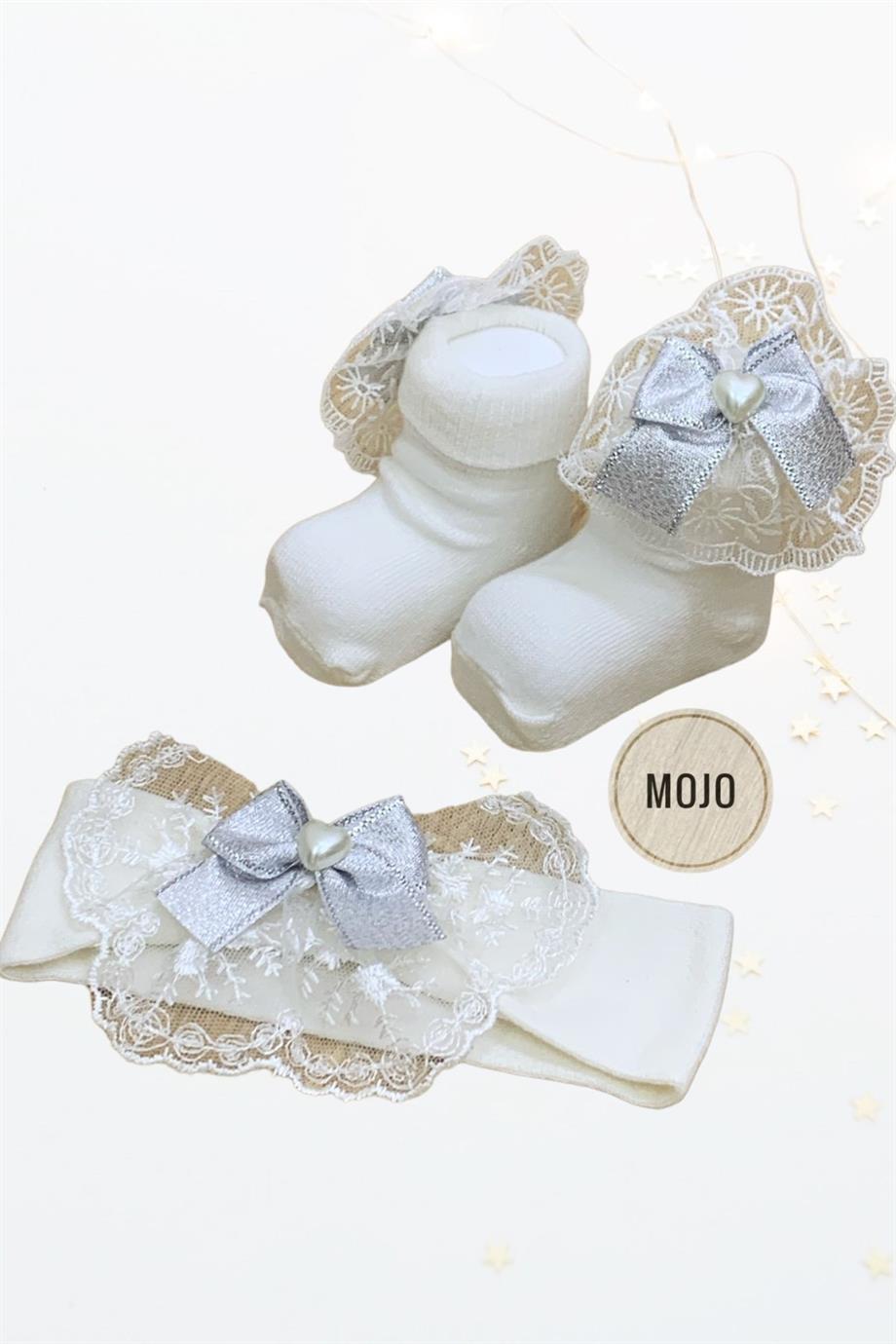 Mojo Kız Bebek Bandana Çorap Takımı 9529 Beyaz