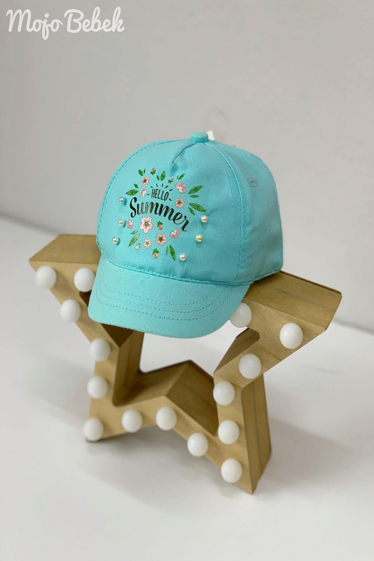 Mojo Kız Bebek Hello Summer Boncuklu Kasketli Şapka 90004 Turkuaz