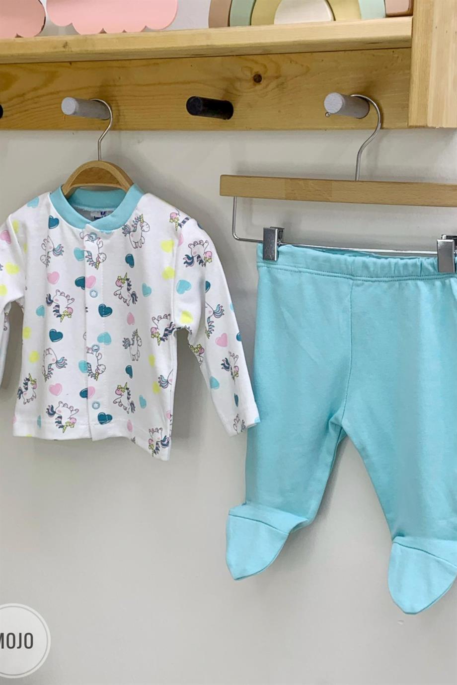 Mojo Kız Bebek Unicorn Çıtçıtlı Patikli Yenidoğan Takımı 6657 Beyaz-Mavi